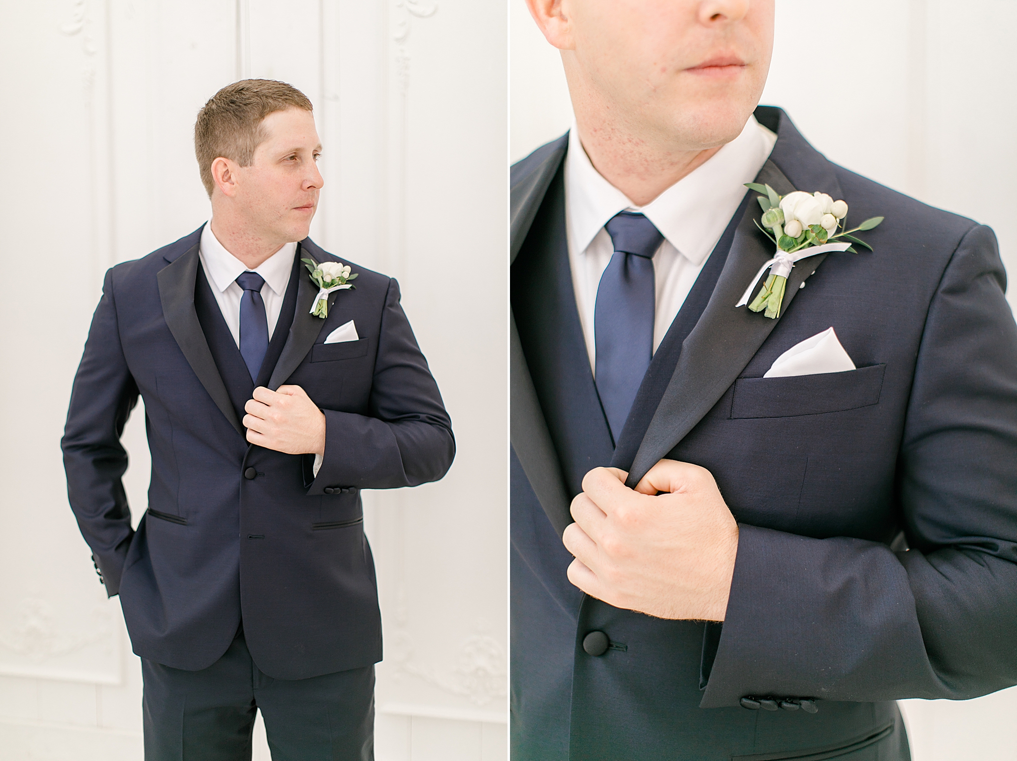 groom looks over shoulder holding suit lapel 