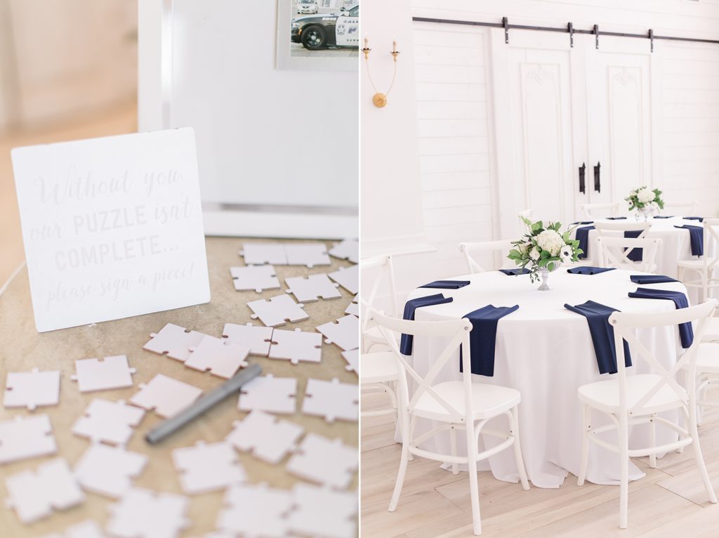 Dallas TX wedding reception with navy napkins and white table cloths