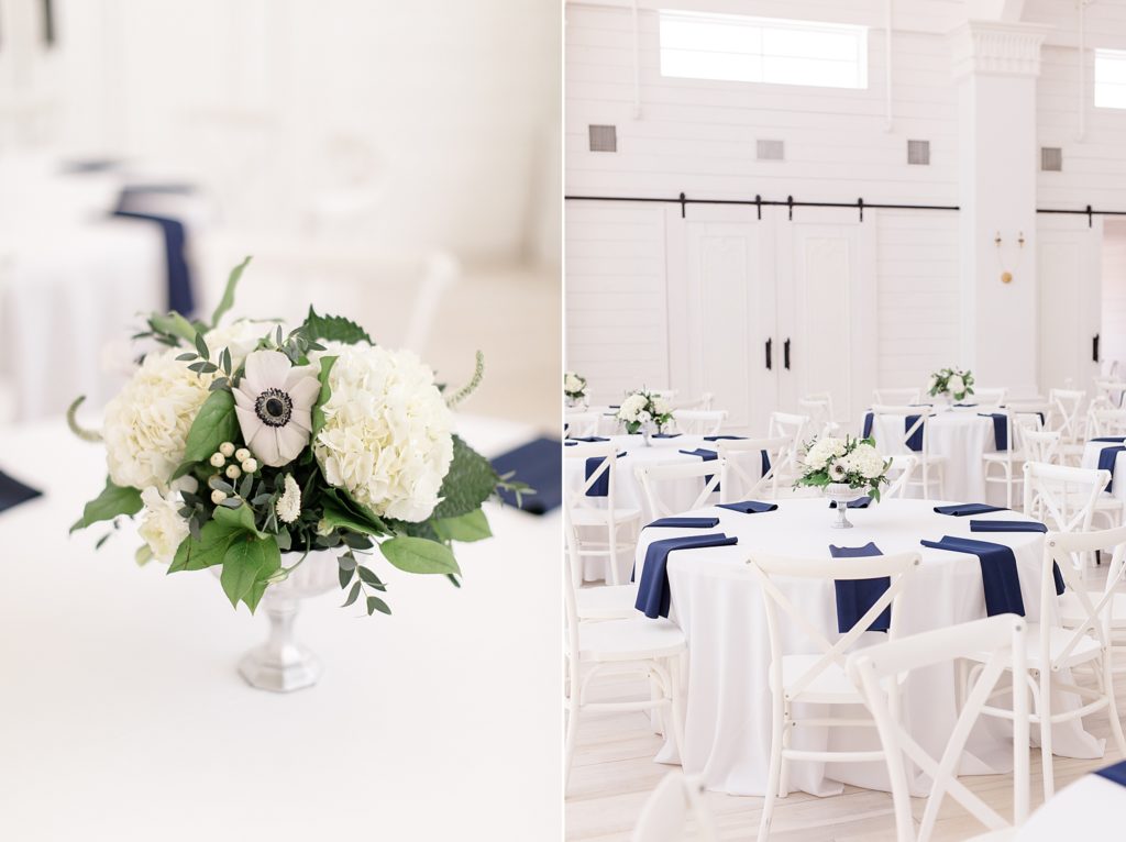 classic wedding reception at The Nest at Ruth Farms with navy accents