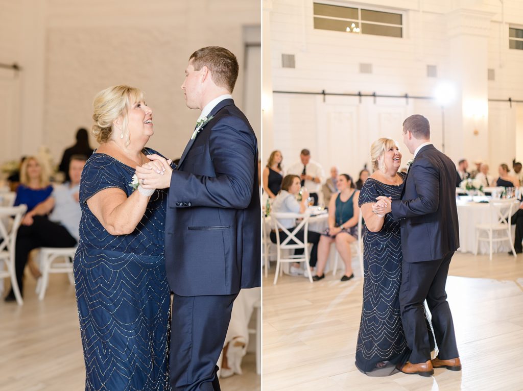 groom dances with mother during The Nest at Ruth Farms wedding reception