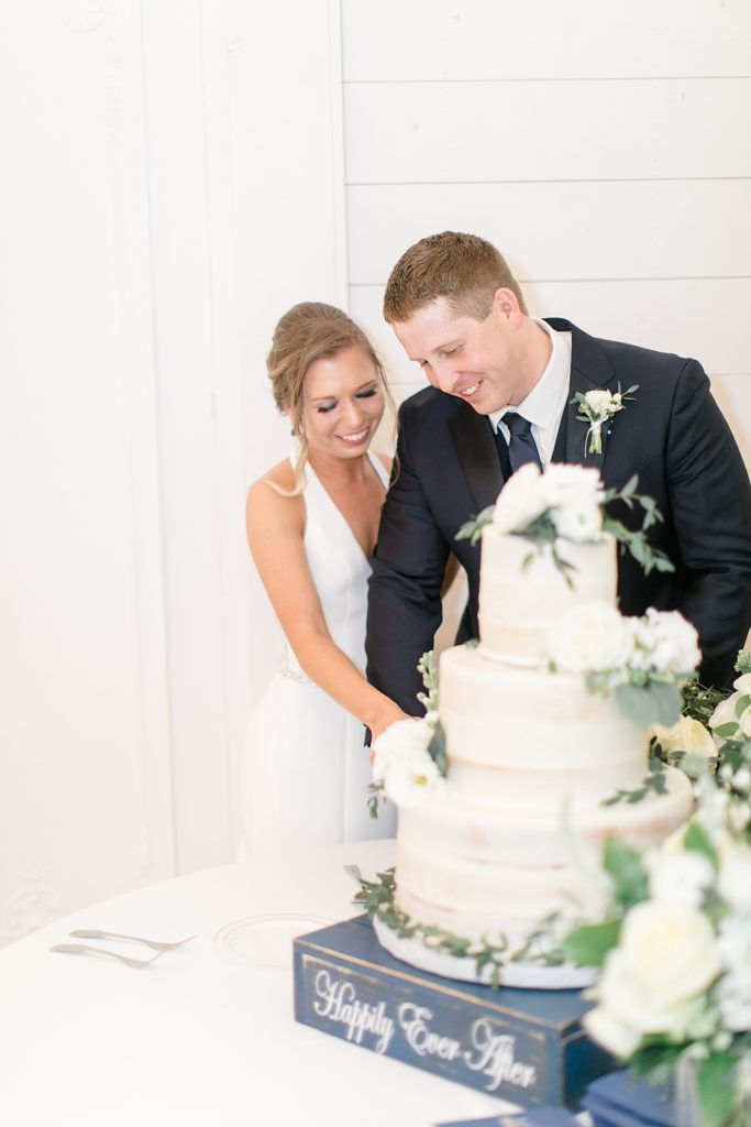 bride and groom cut wedding cake during wedding reception