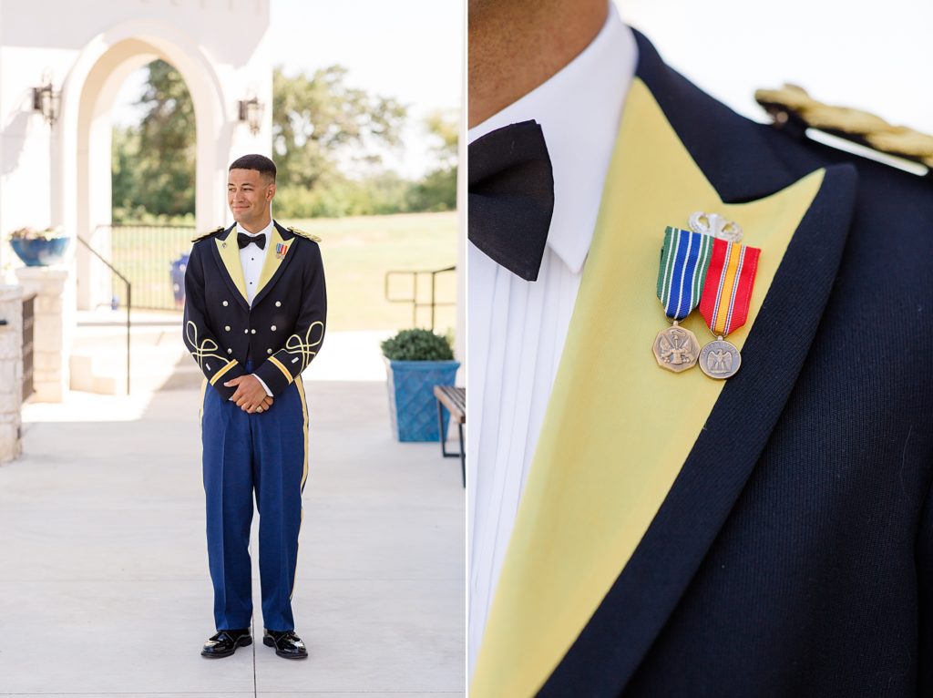 groom in military dress blues poses before Umbra La Buena Vida Vineyards wedding