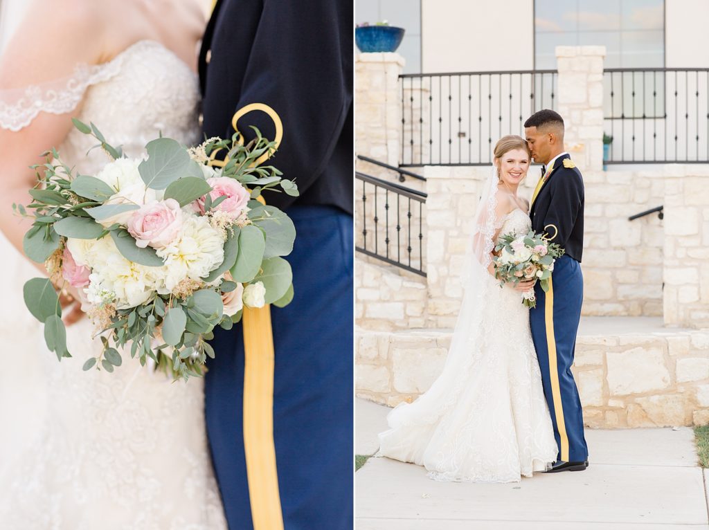 bride poses with groom in dress blues