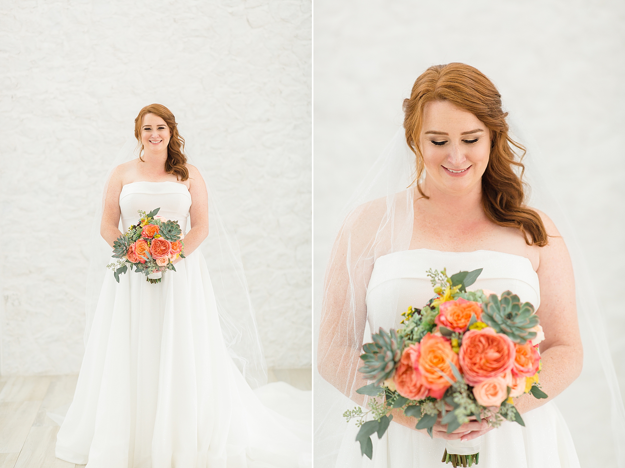 bride holds bouquet of bright flowers and succulents