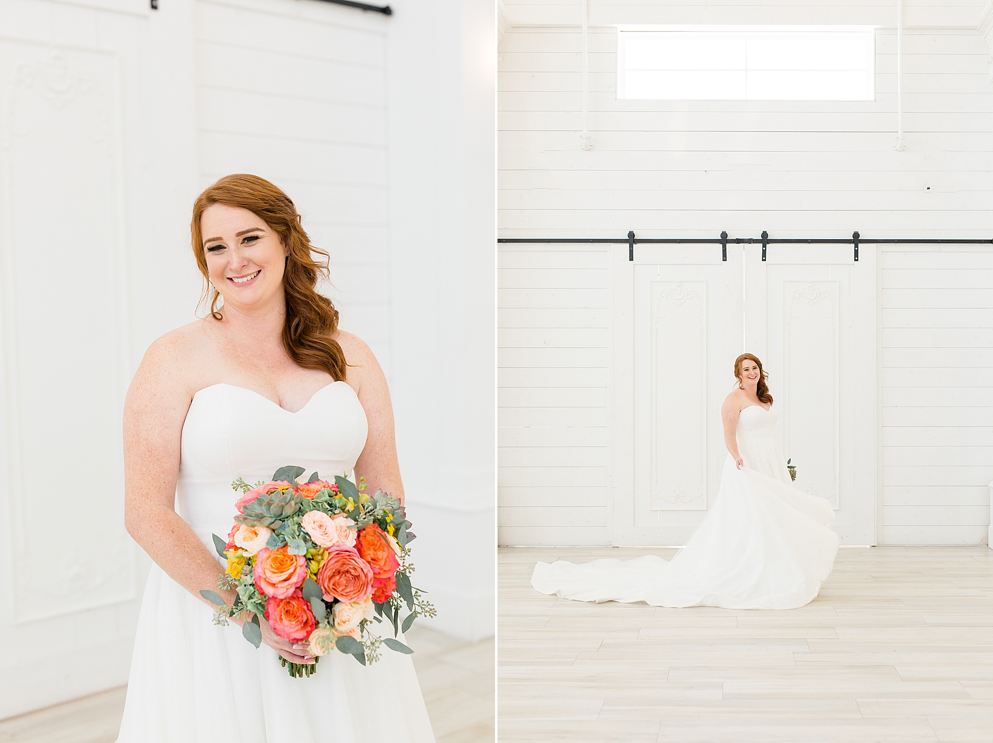 bride in sweetheart gown holds bouquet by barn doors at The Nest at Ruth Farms