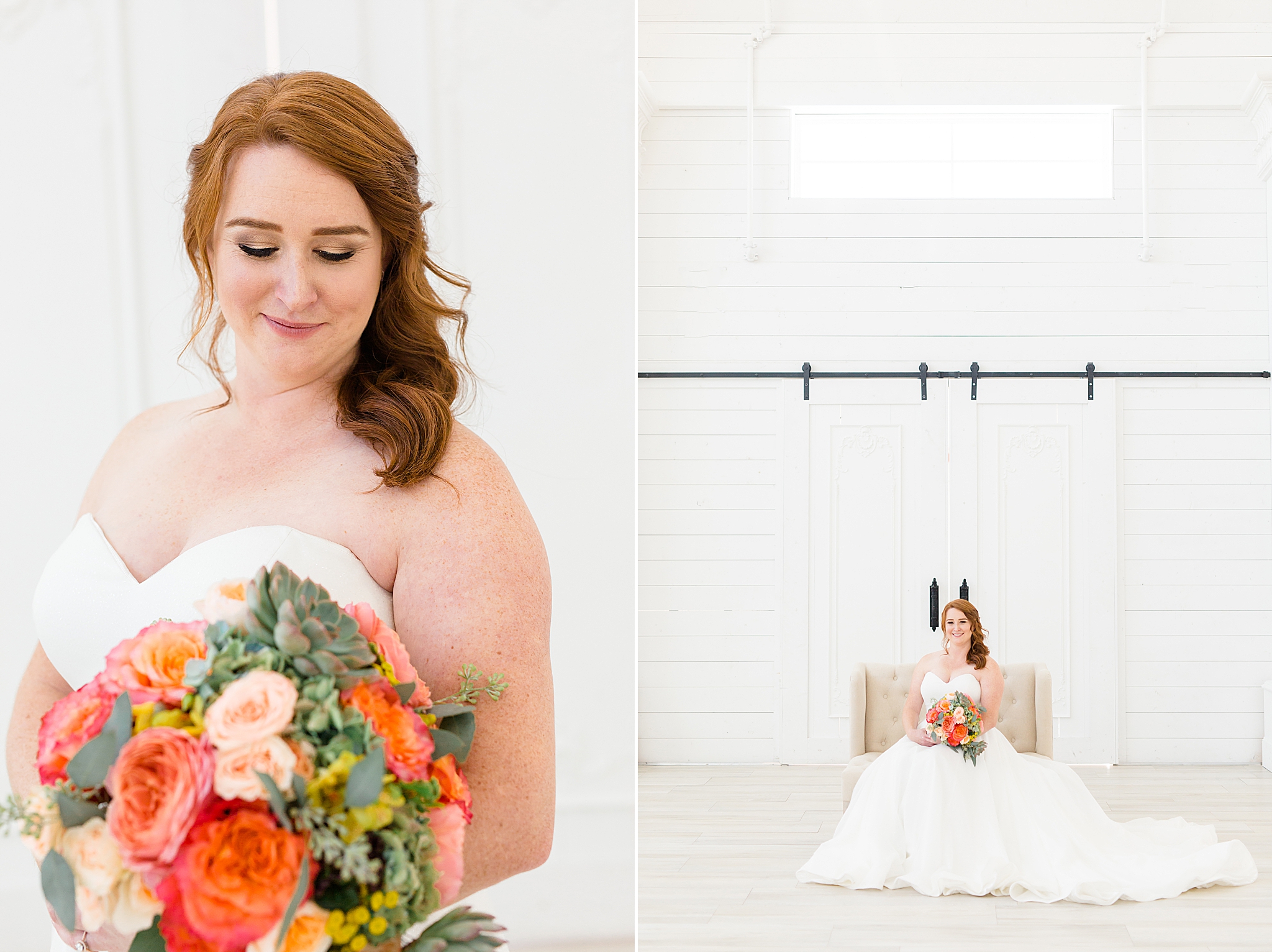 bride smiles while holding bouquet of flowers in Texas