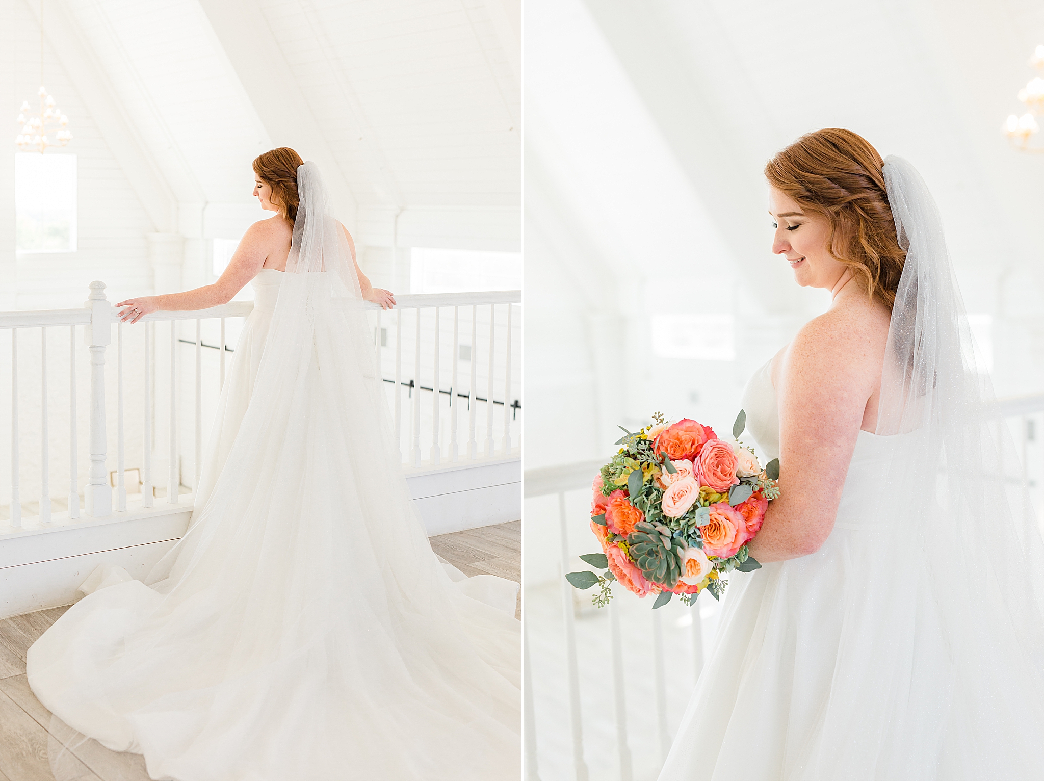 bride stands on balcony and looks down at The Nest at Ruth Farms