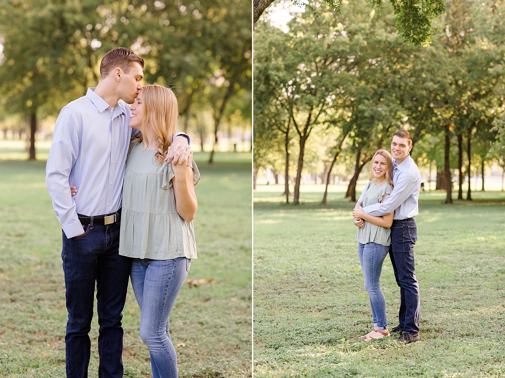 groom kisses bride's forehead during Kimball Art Museum engagement photos