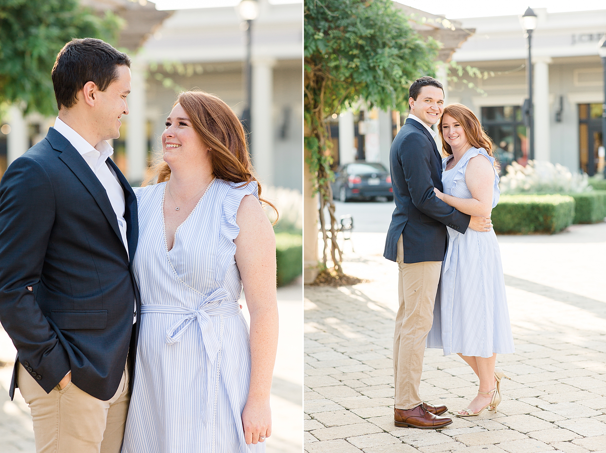 couple poses during Southlake Town Square Engagement Portraits
