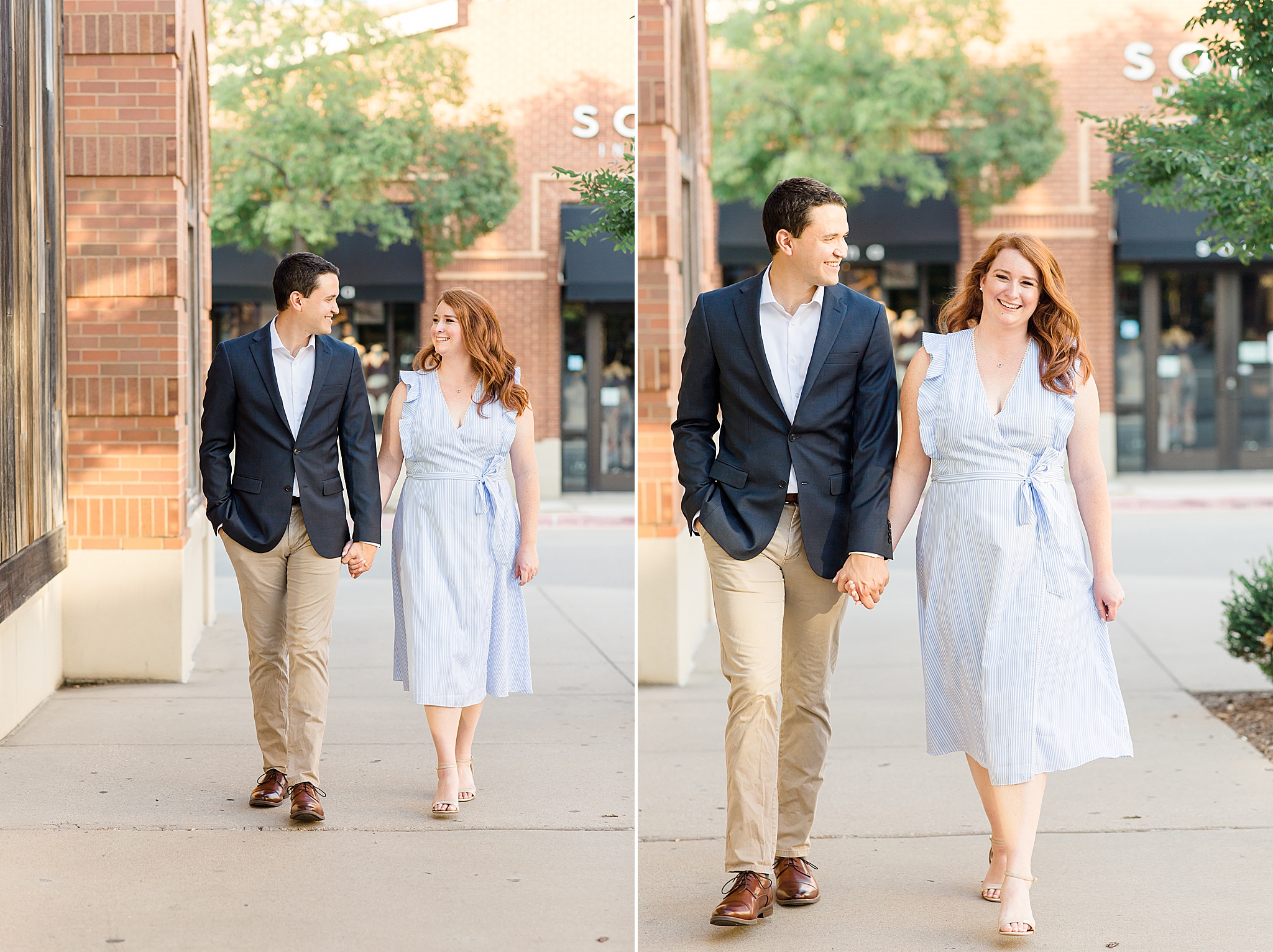 engaged couple walks through Southlake Town Square