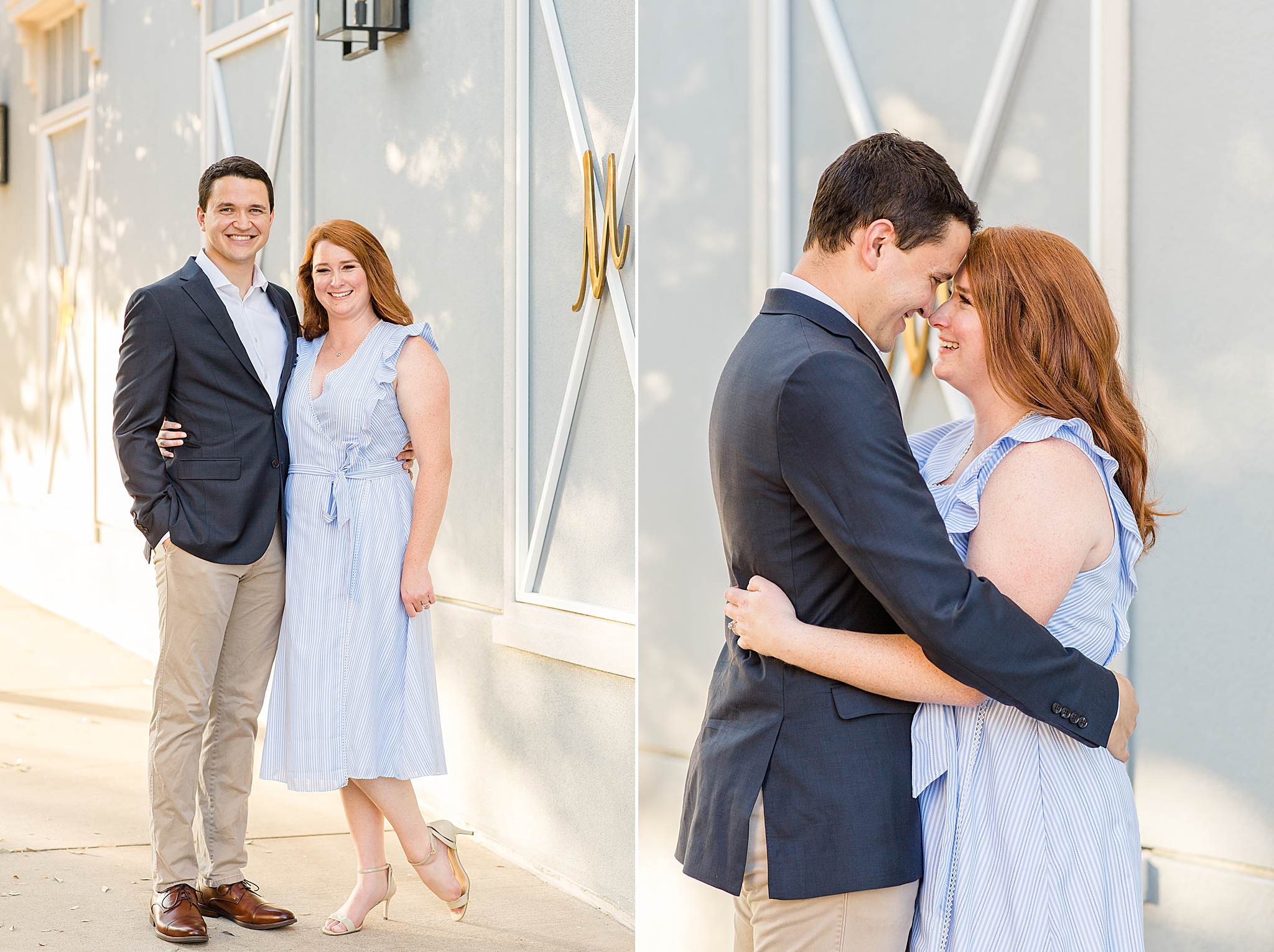 bride and groom pose by pale white doors