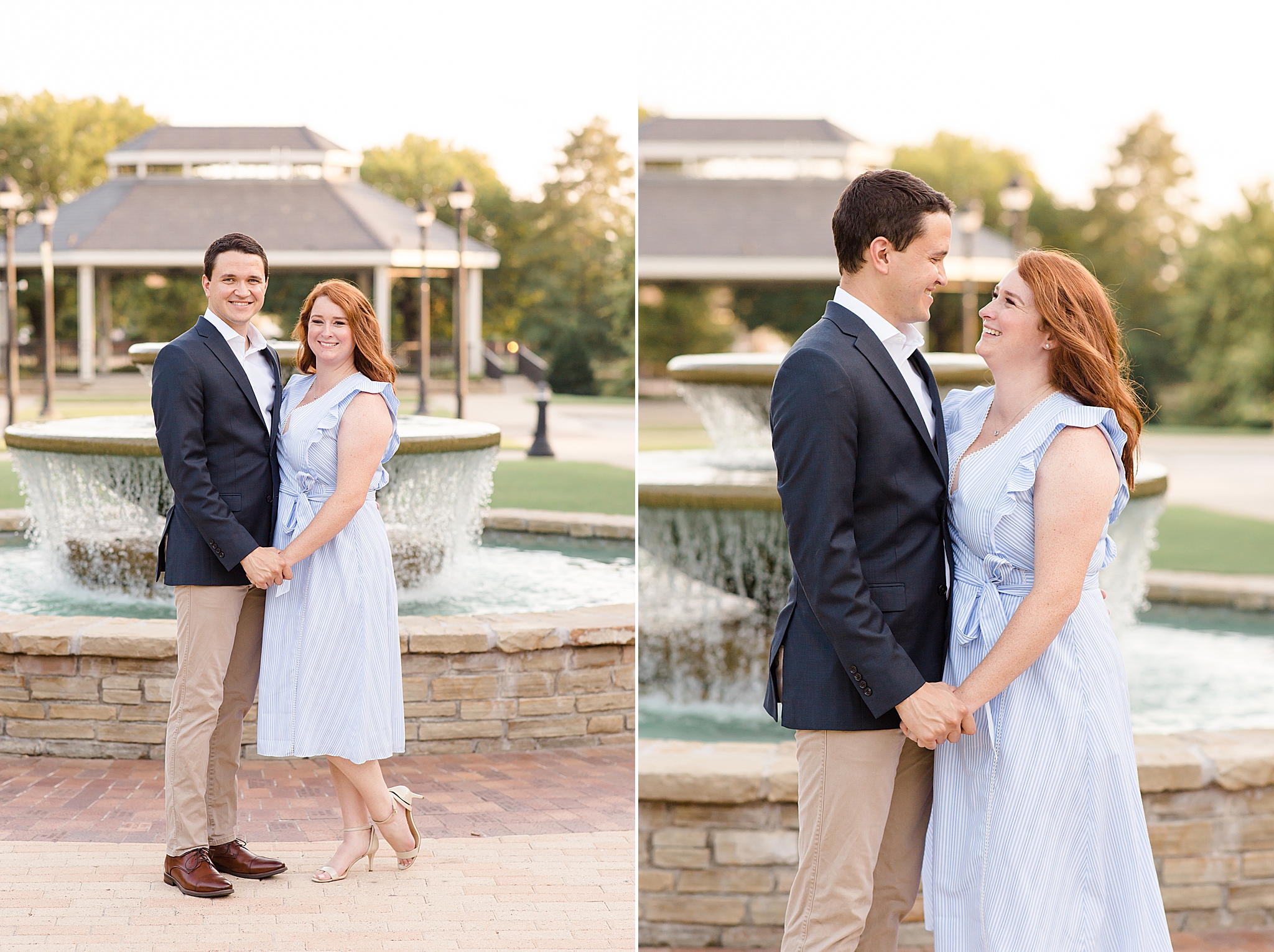 couple poses by fountain in Southlake Town Square