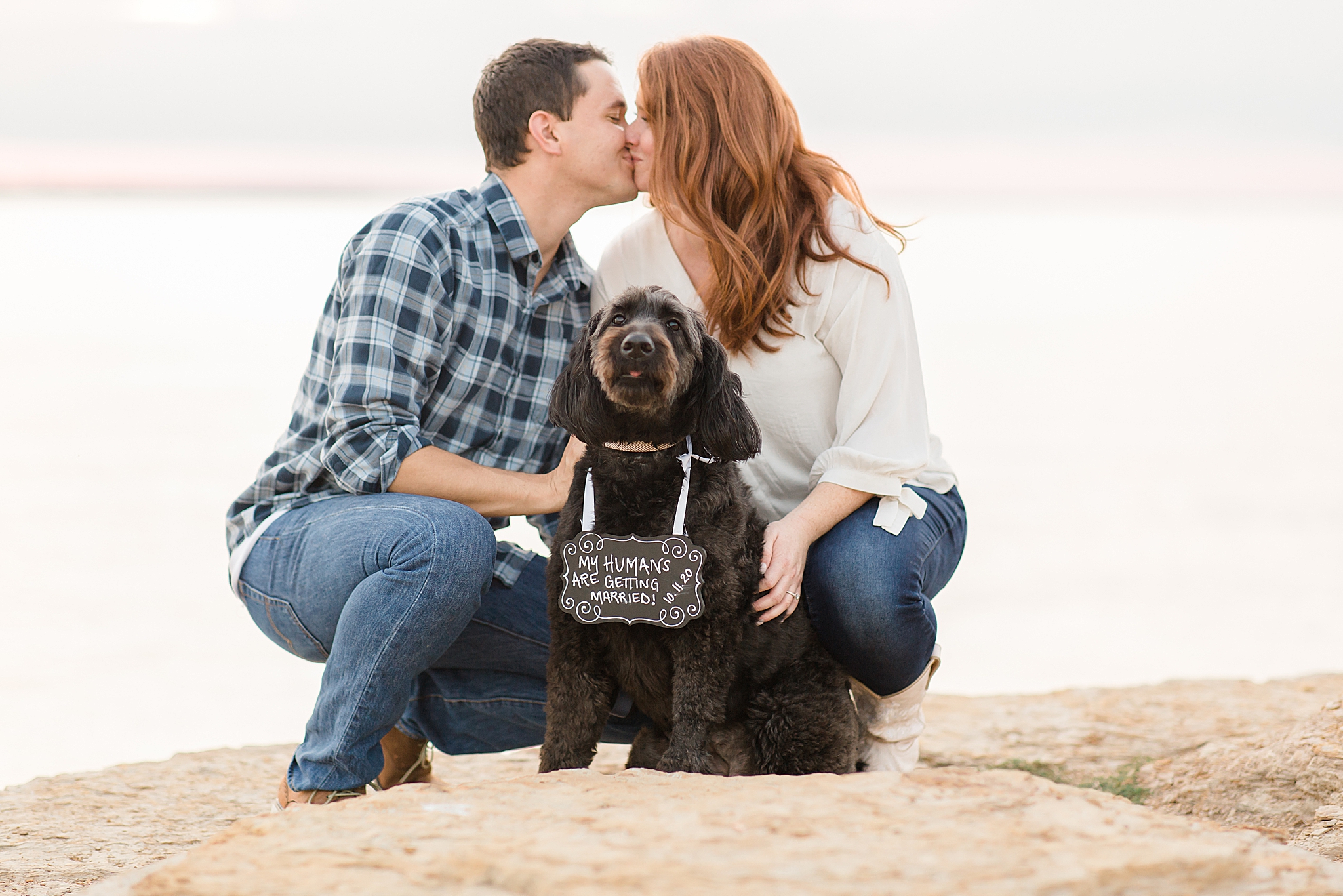 engagement session with dog along waterfront in Texas