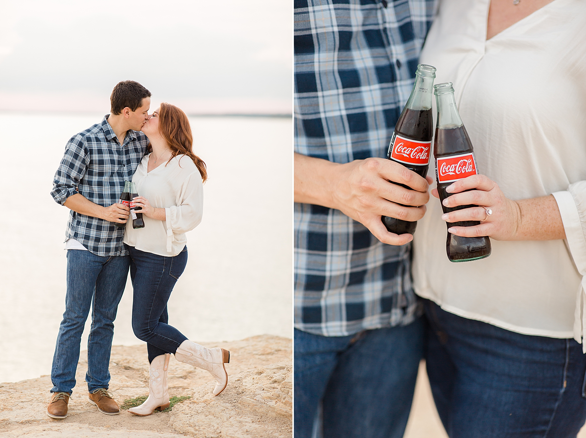 bride and groom toast with cokes during engagement session