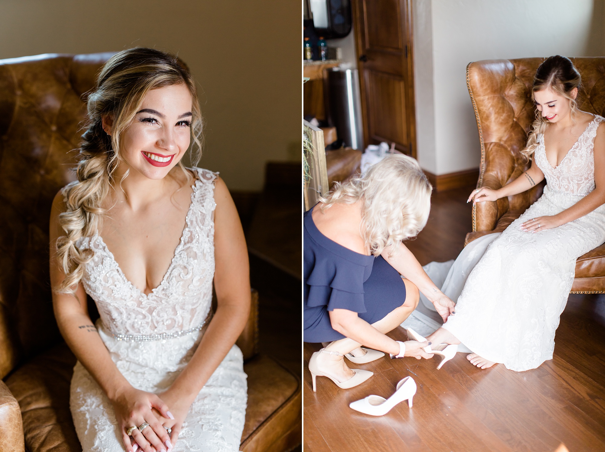 mother of bride helps bride with shoes
