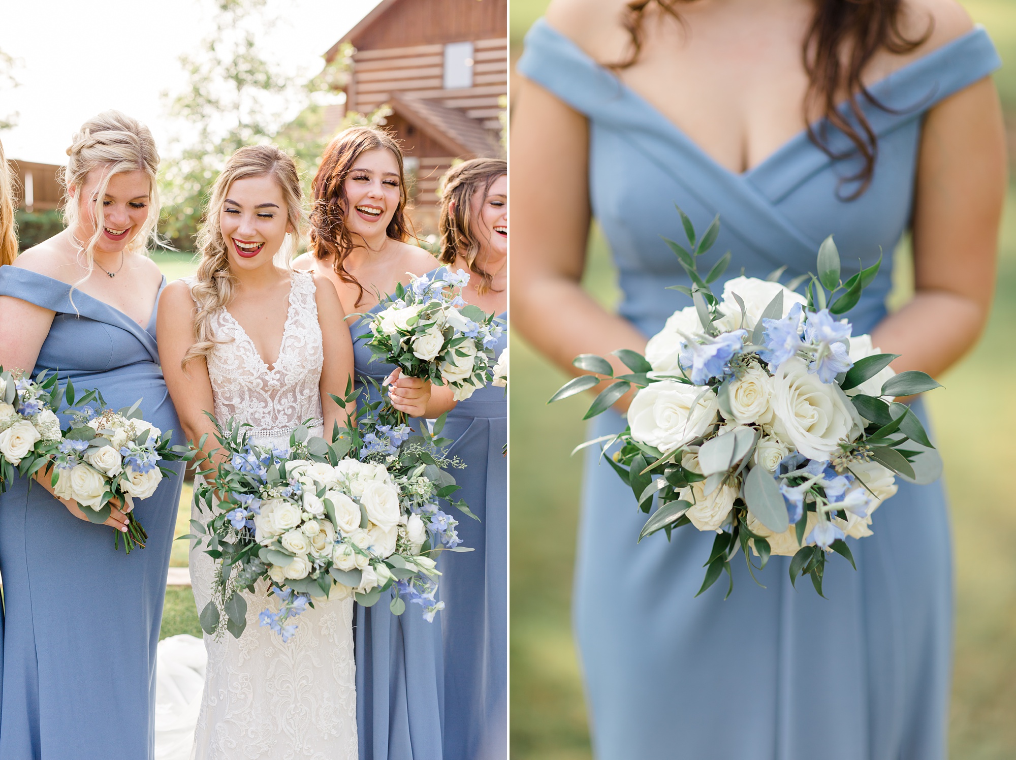 Texas bridesmaids holds bouquet of white and blue flowers