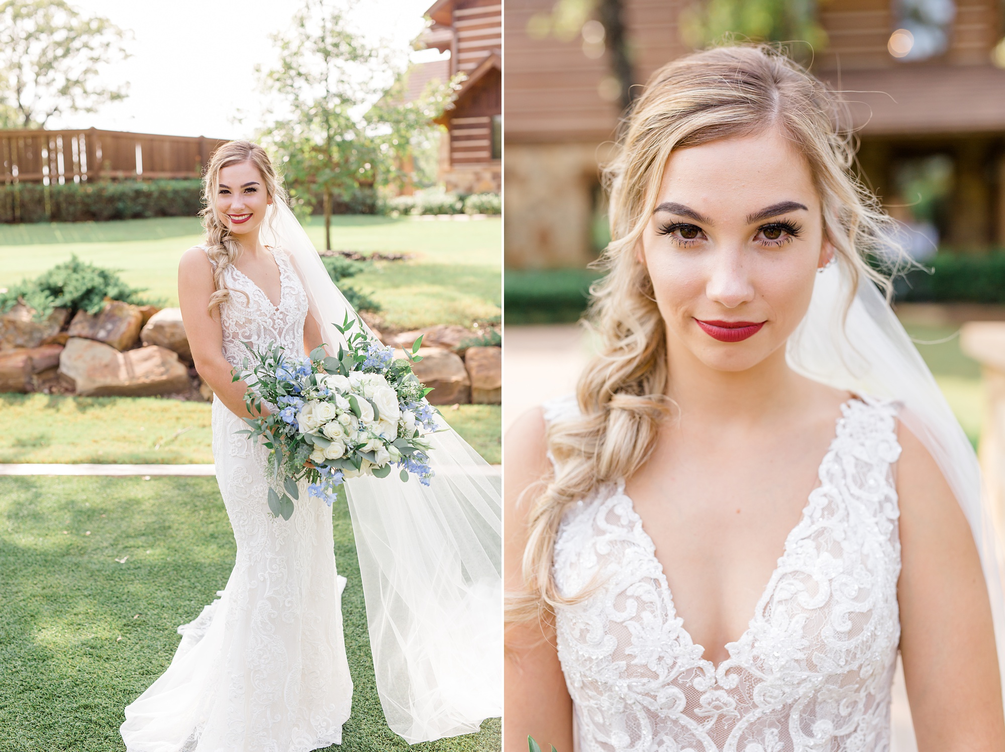 Texas bride with red lipstick and bouquet with white and blue flowers