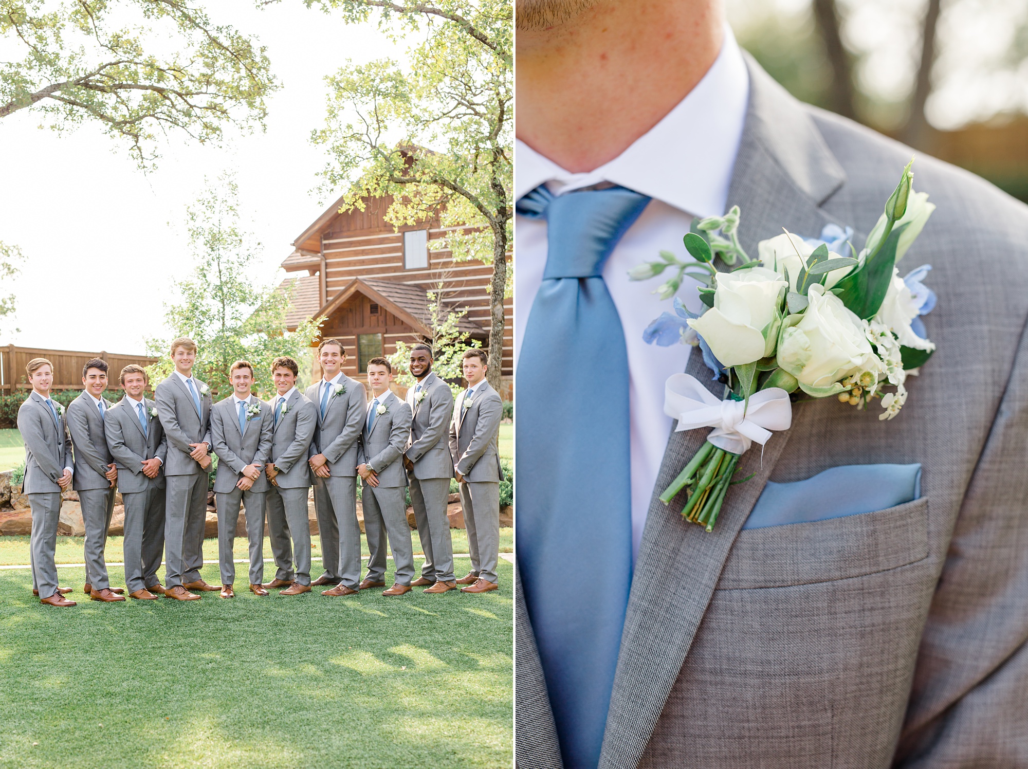 groom in blue tie and grey suit poses before TX wedding