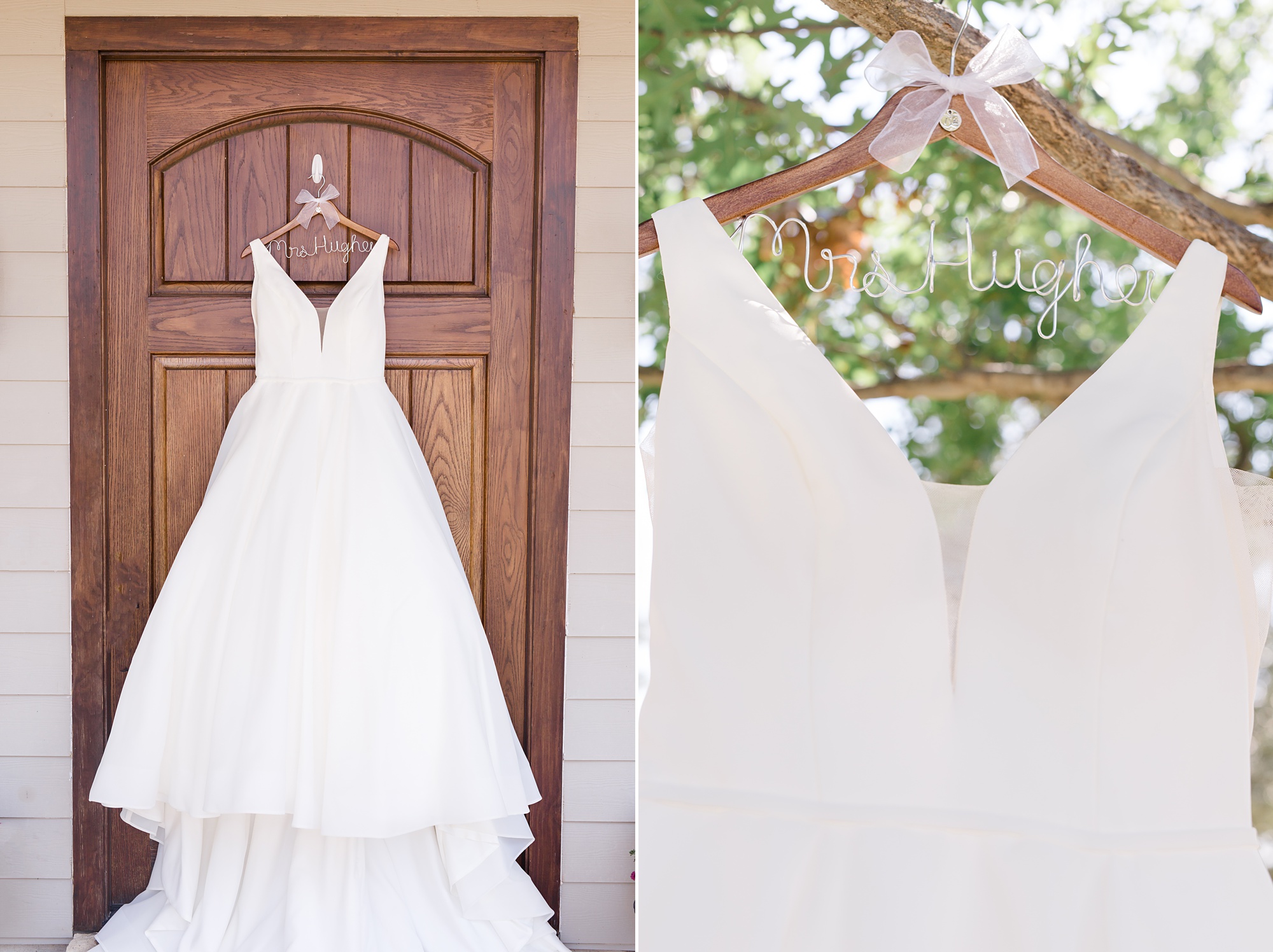 bride's wedding dress hangs before TX wedding
