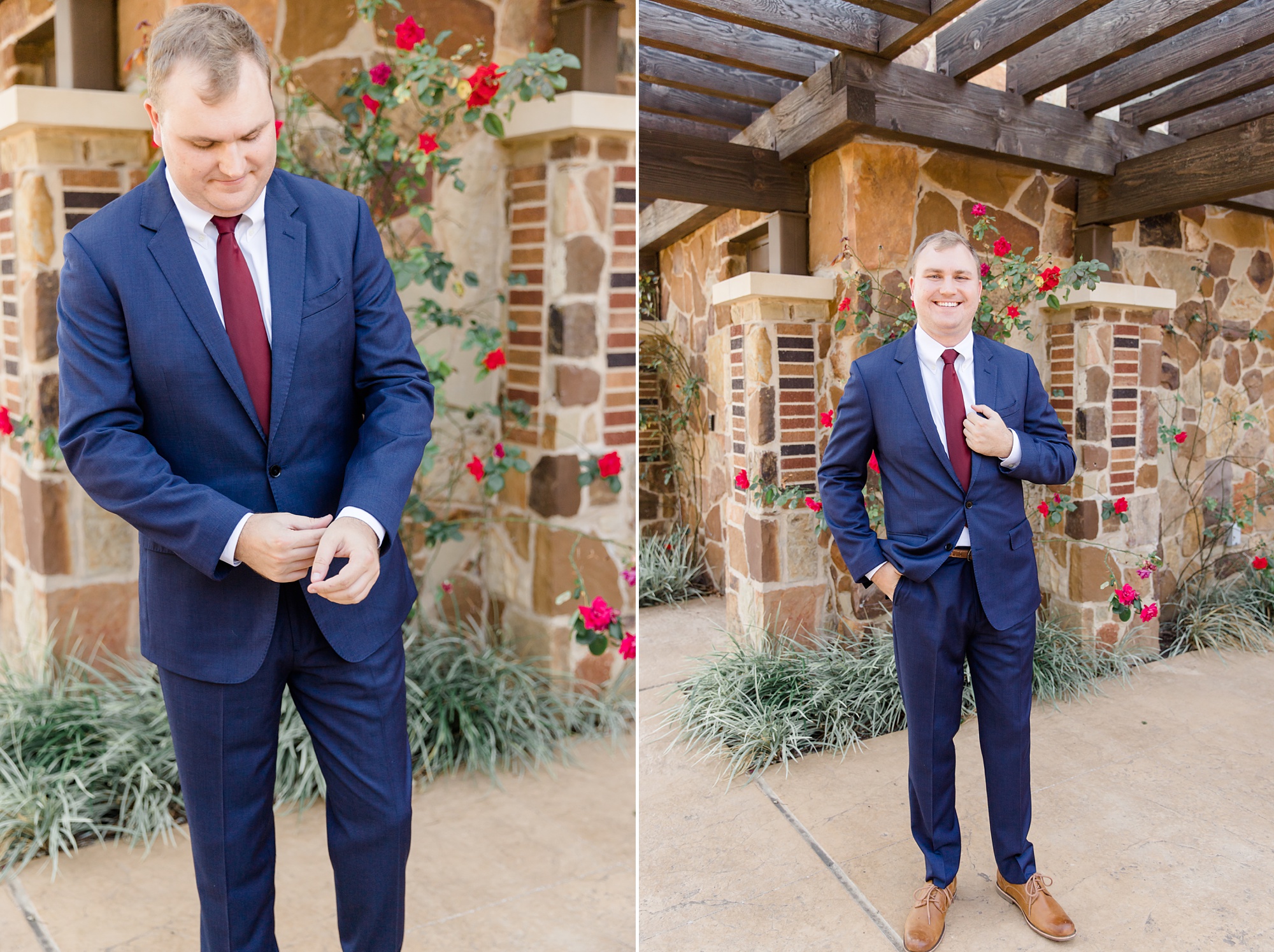 groom adjusts navy suit before first look