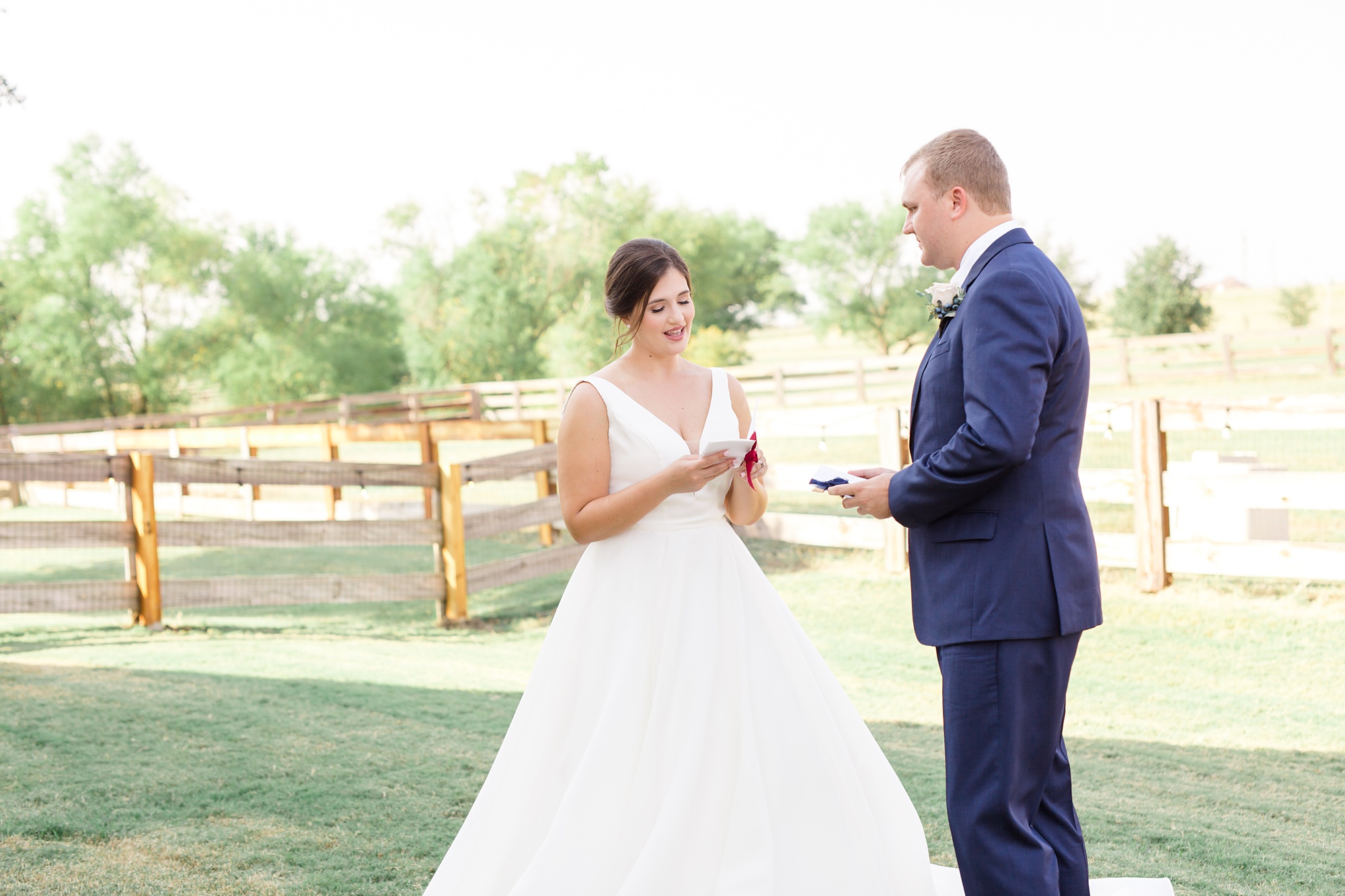 bride and groom read vows during Argyle TX Wedding first look