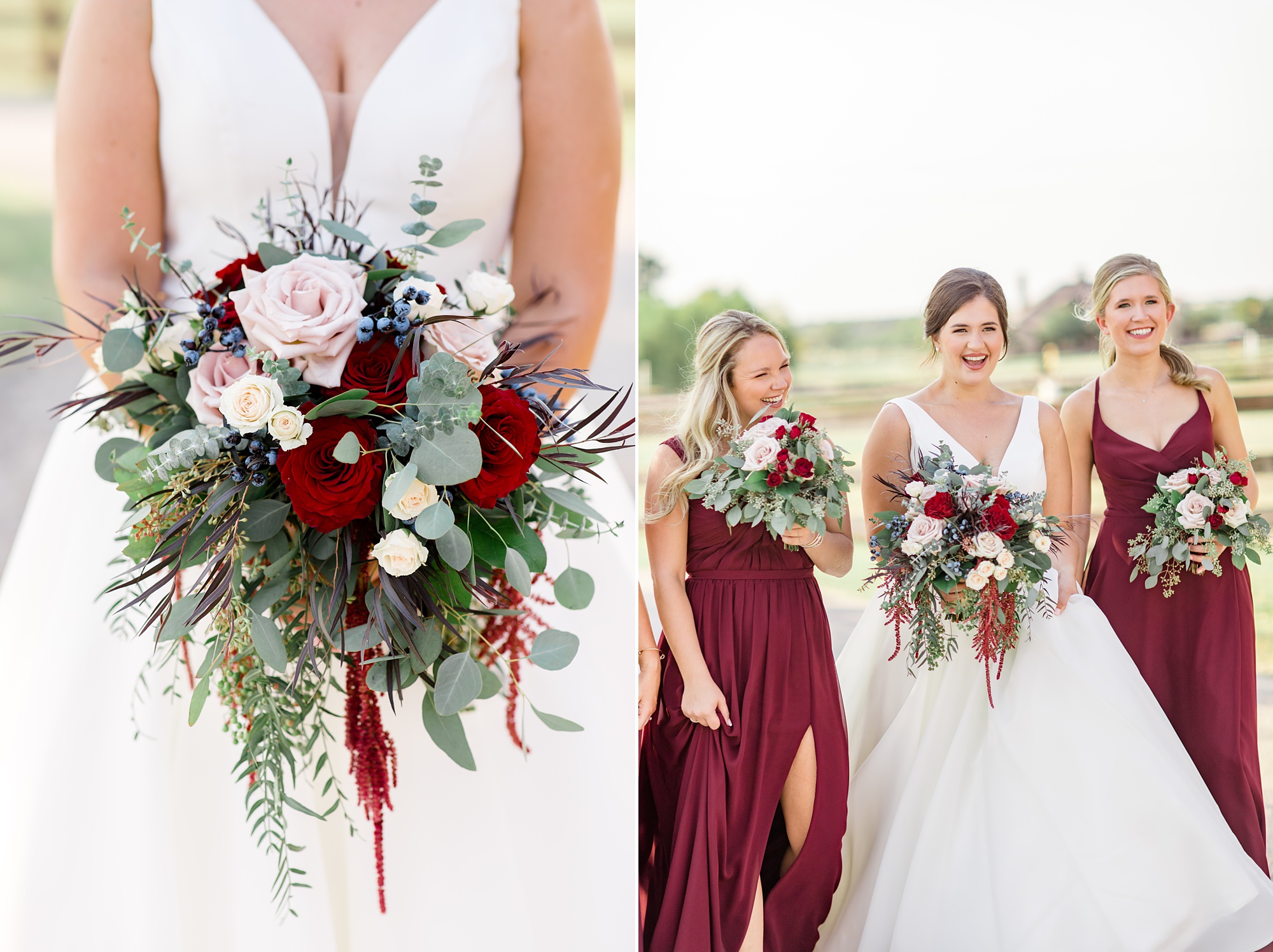 bride poses with bridesmaids in cranberry gowns
