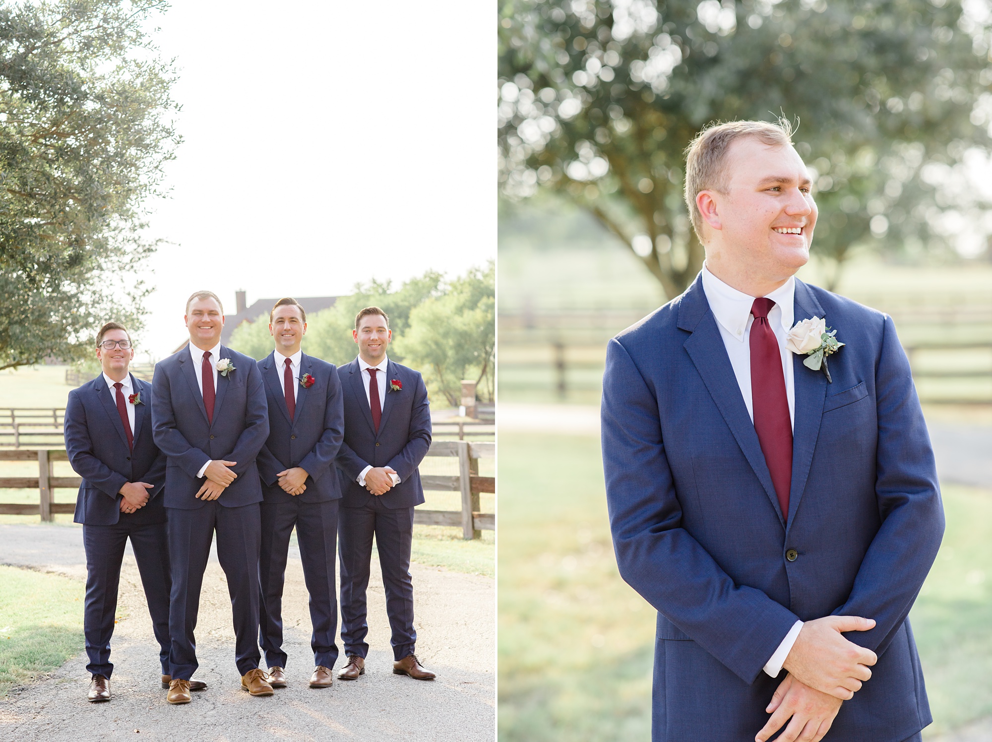 groom in navy suit and burgundy tie