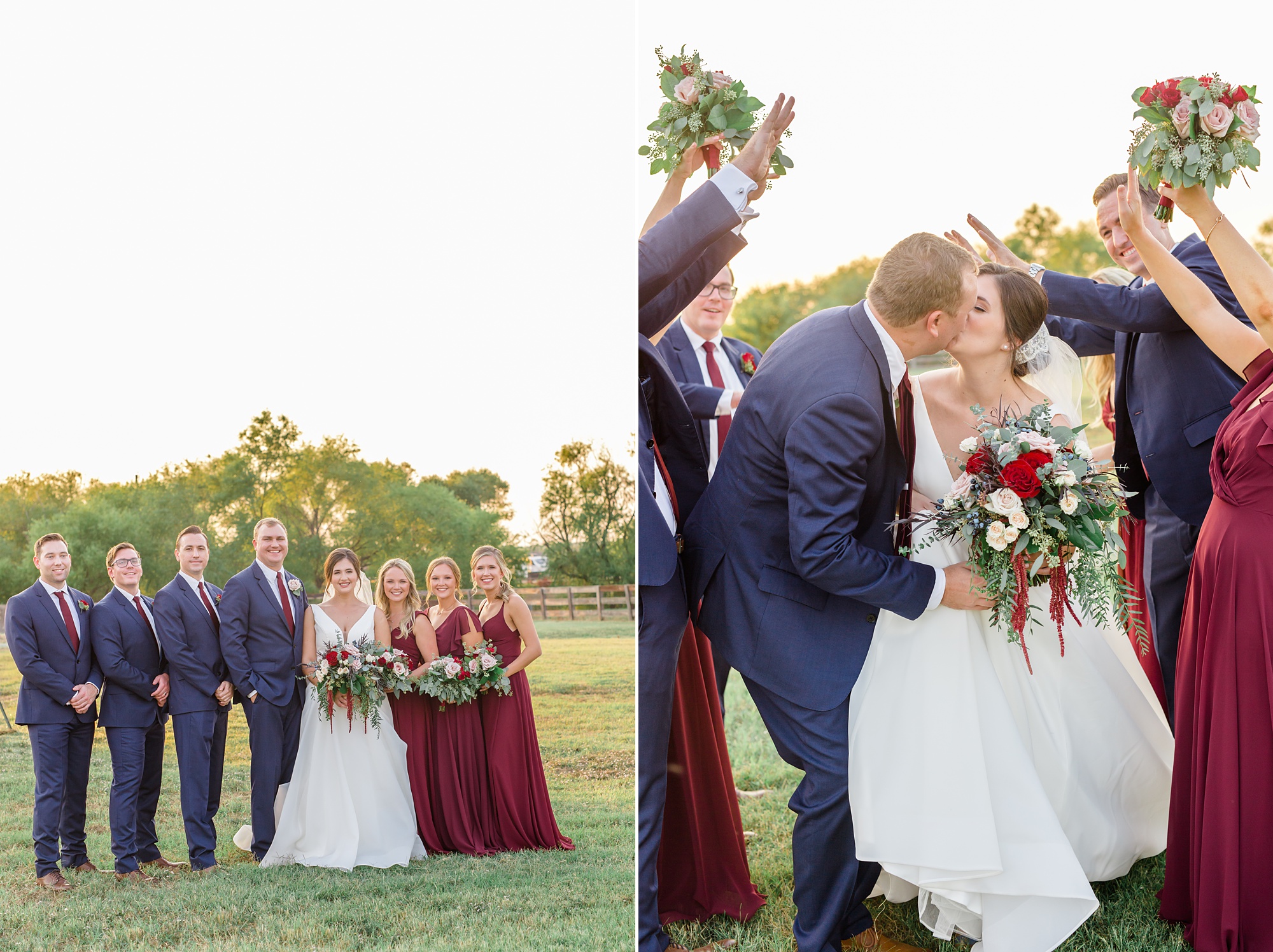 bridal party poses during Texas sunset