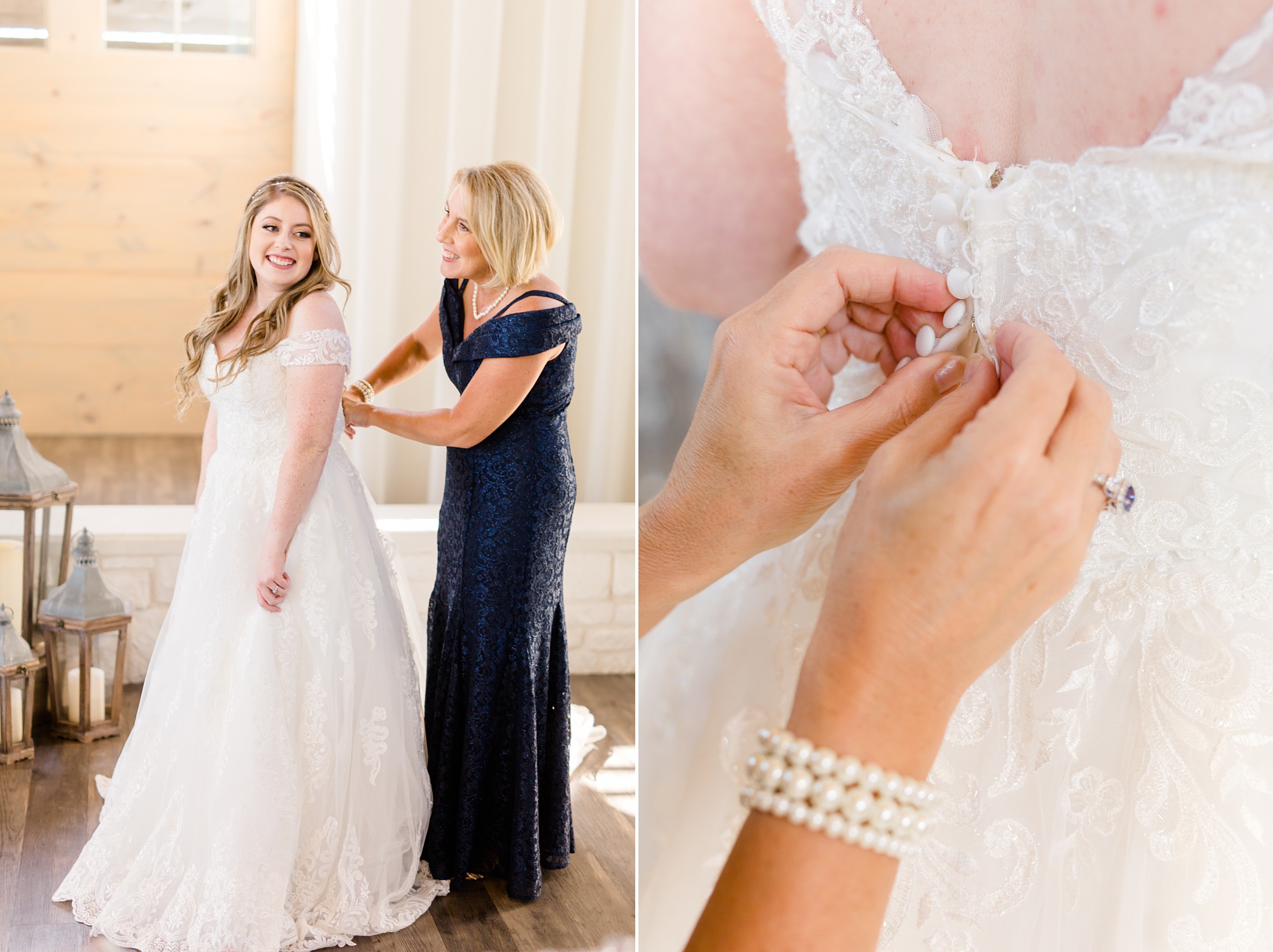 bride prepares for wedding day with mother
