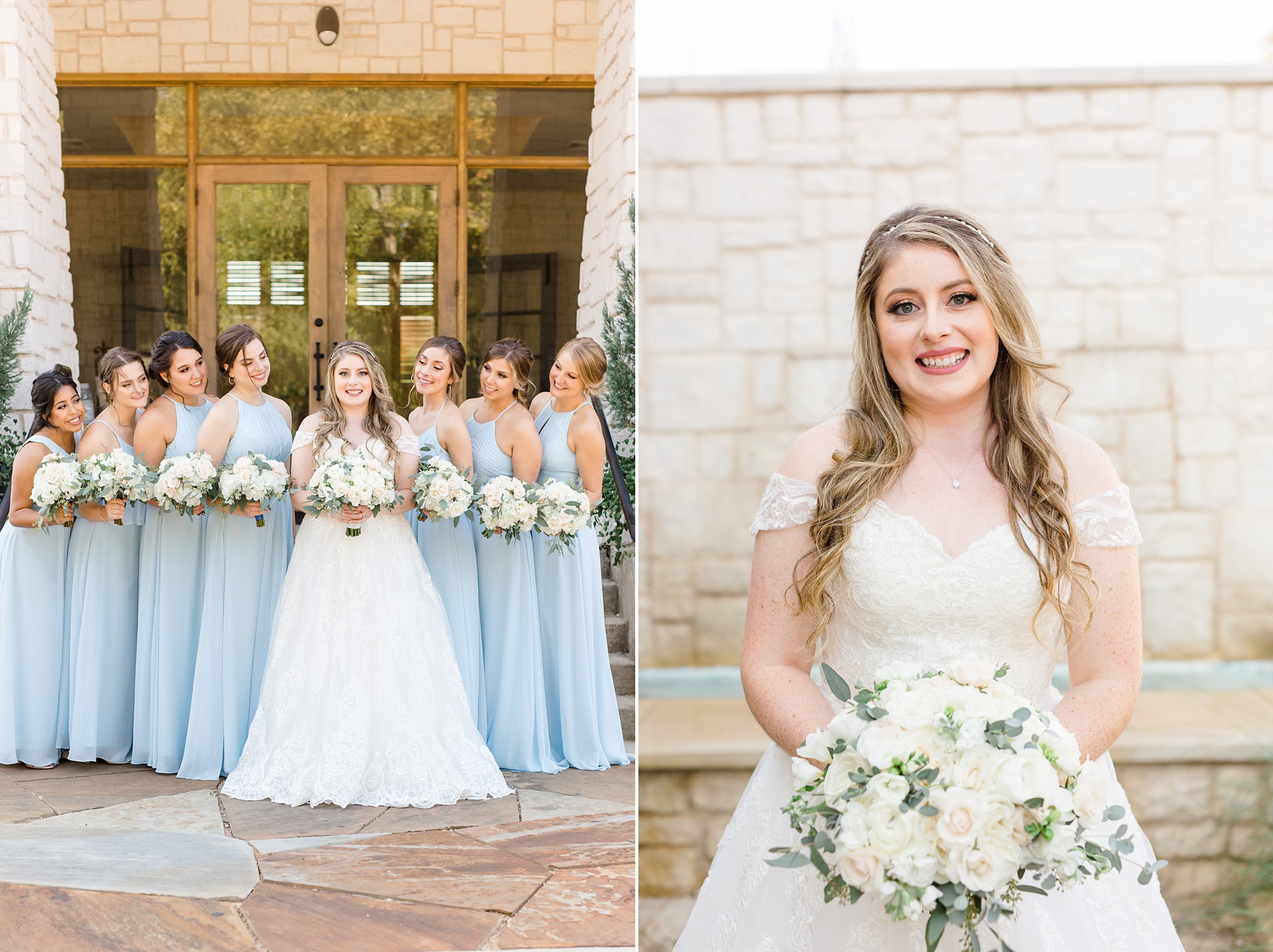 bride poses outside Texas wedding venue with bridesmaids