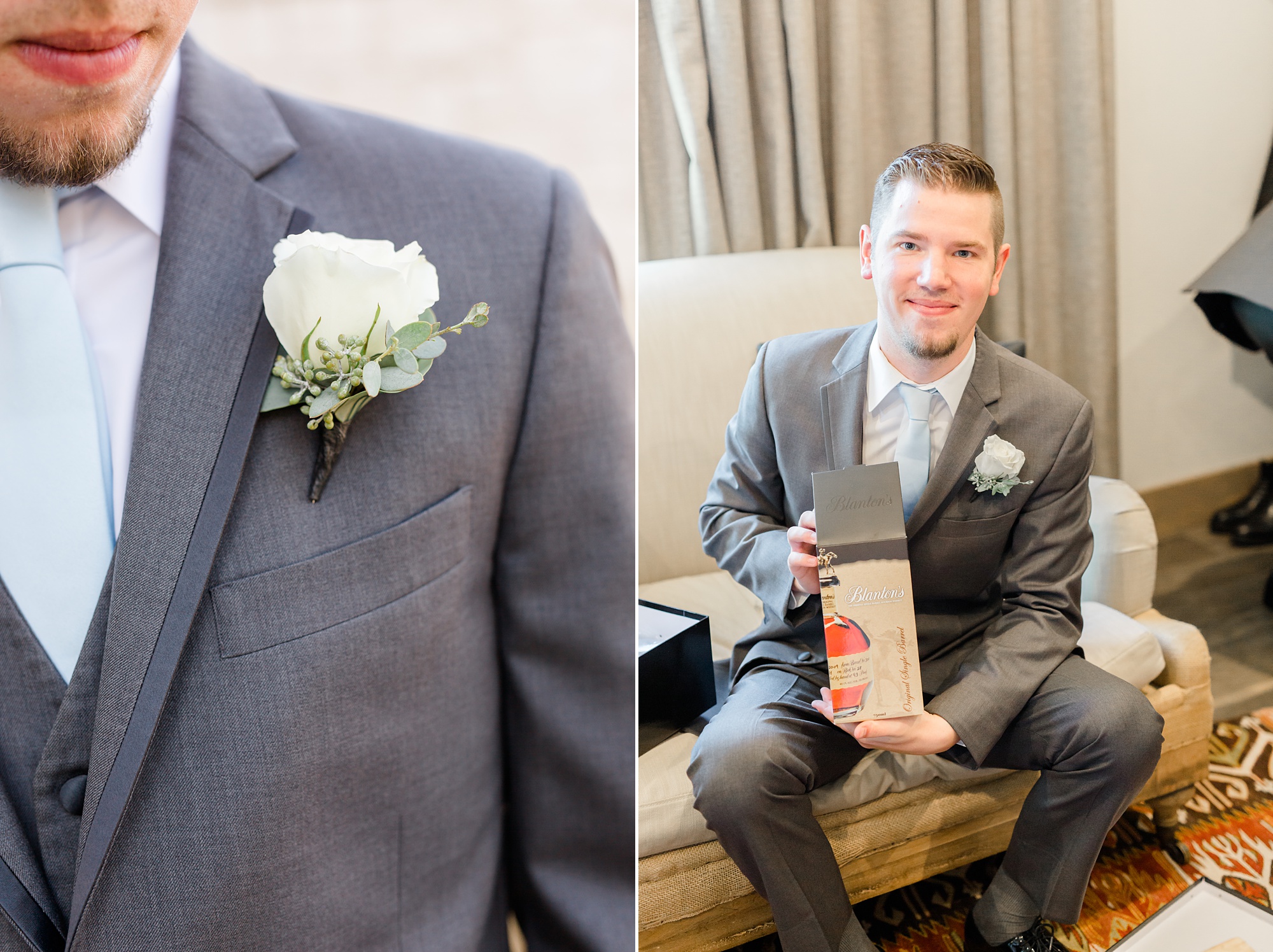 groom opens gift from bride on wedding day
