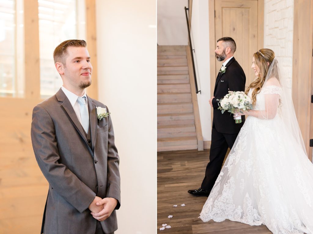 groom watches bride walk down aisle in Texas