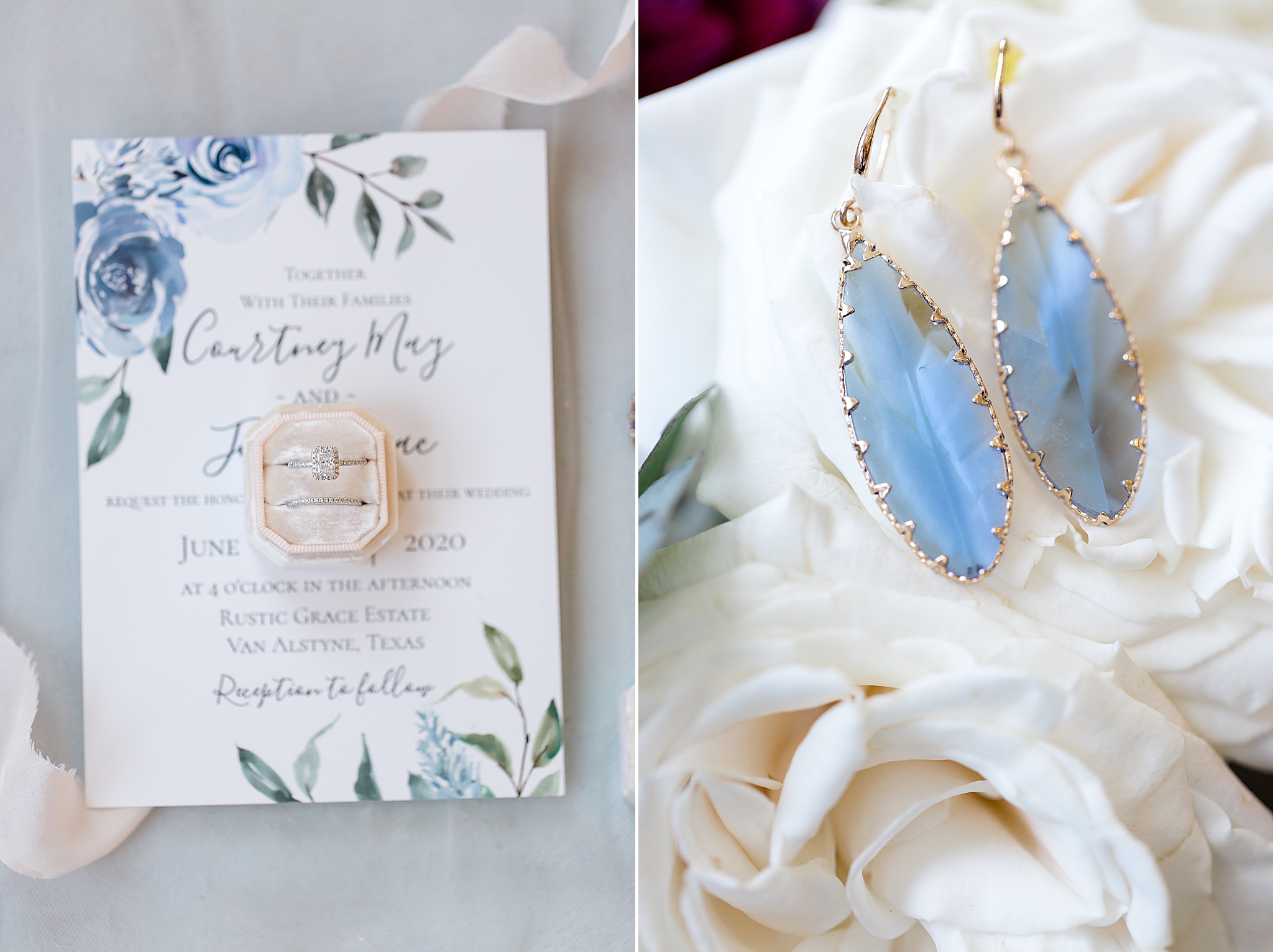 bride's ring and blue earrings