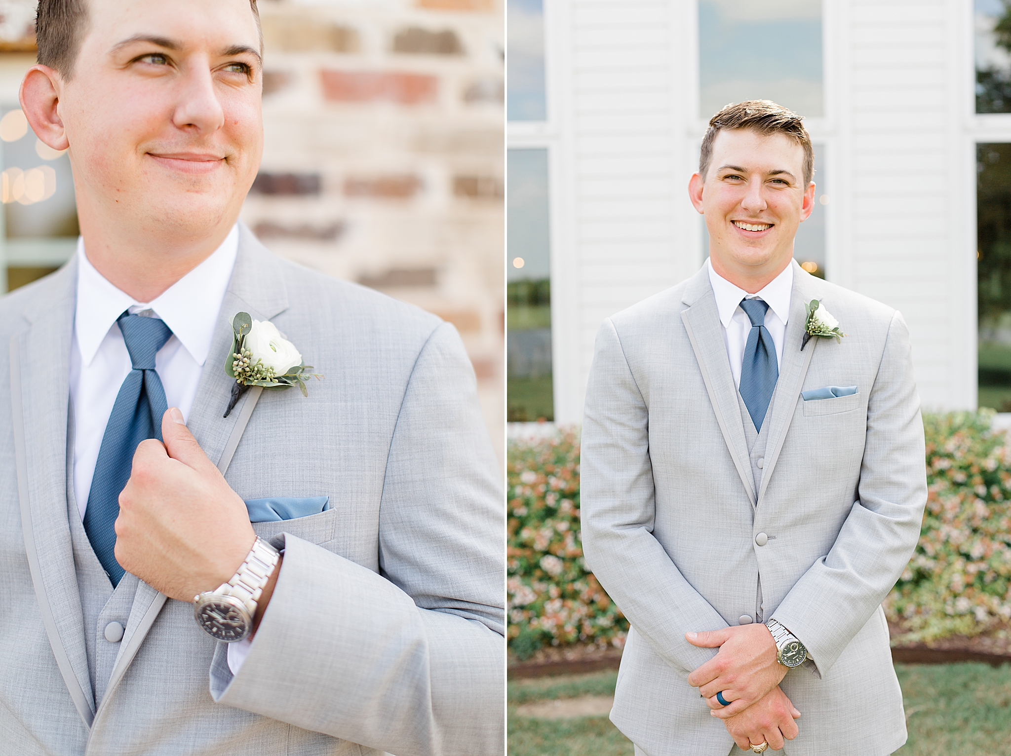 groom in grey suit with blue tie poses
