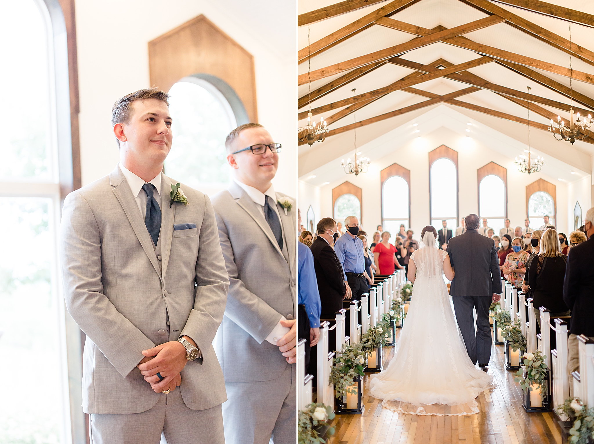 groom watches bride walk down the aisle during Rustic Grace Estate ceremony