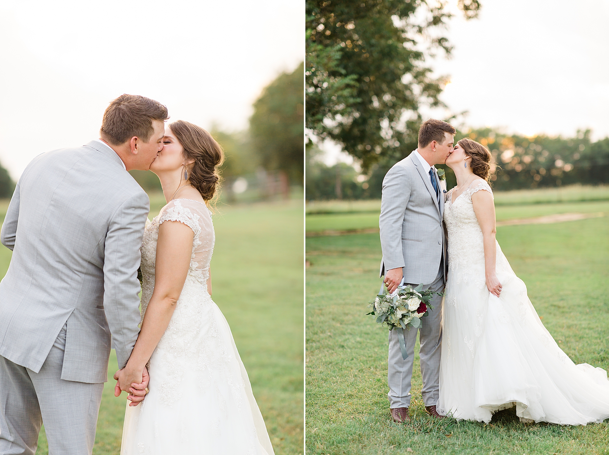groom kisses bride while holding her bouquet