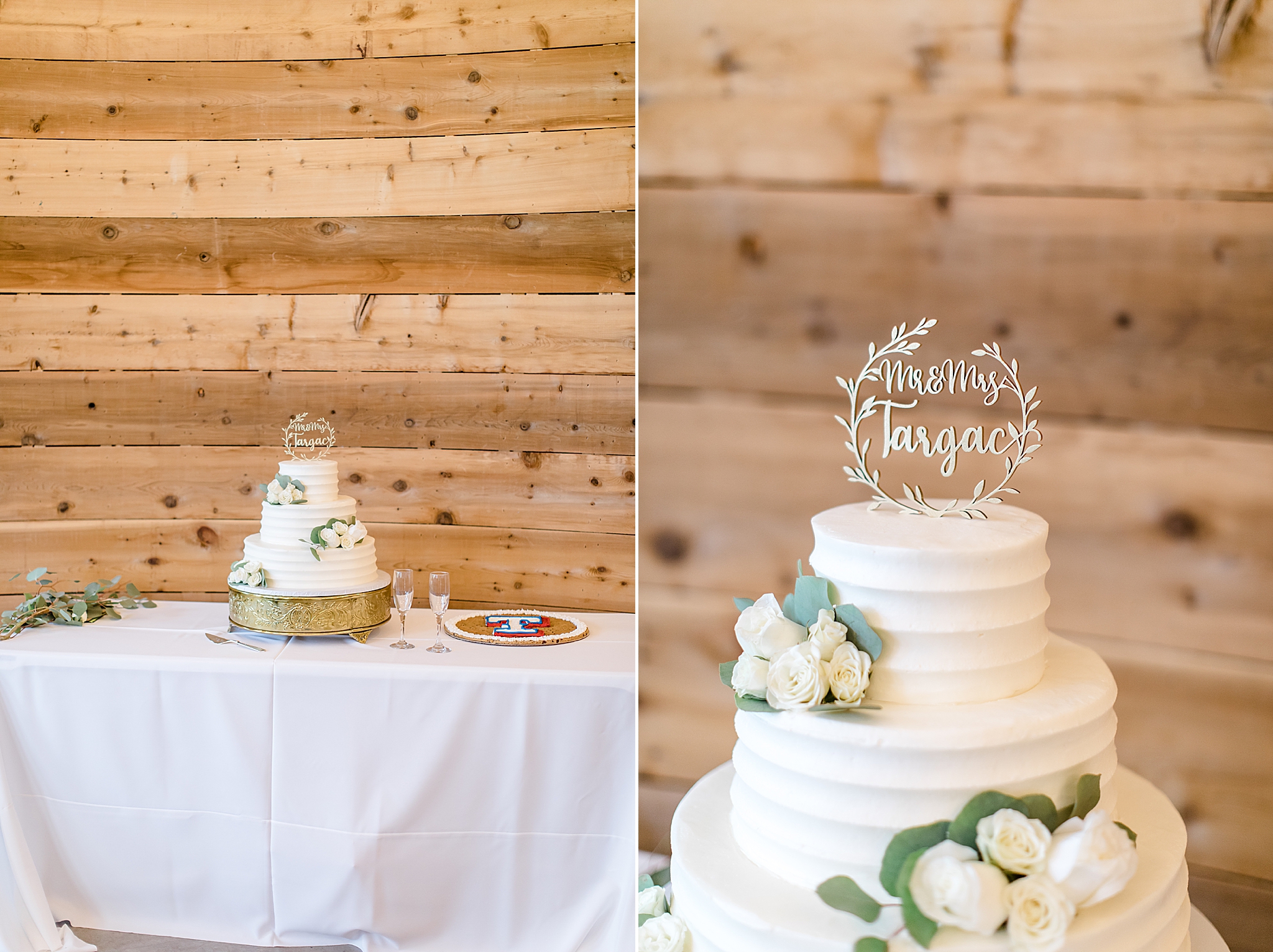 cake with white floral details and custom topper