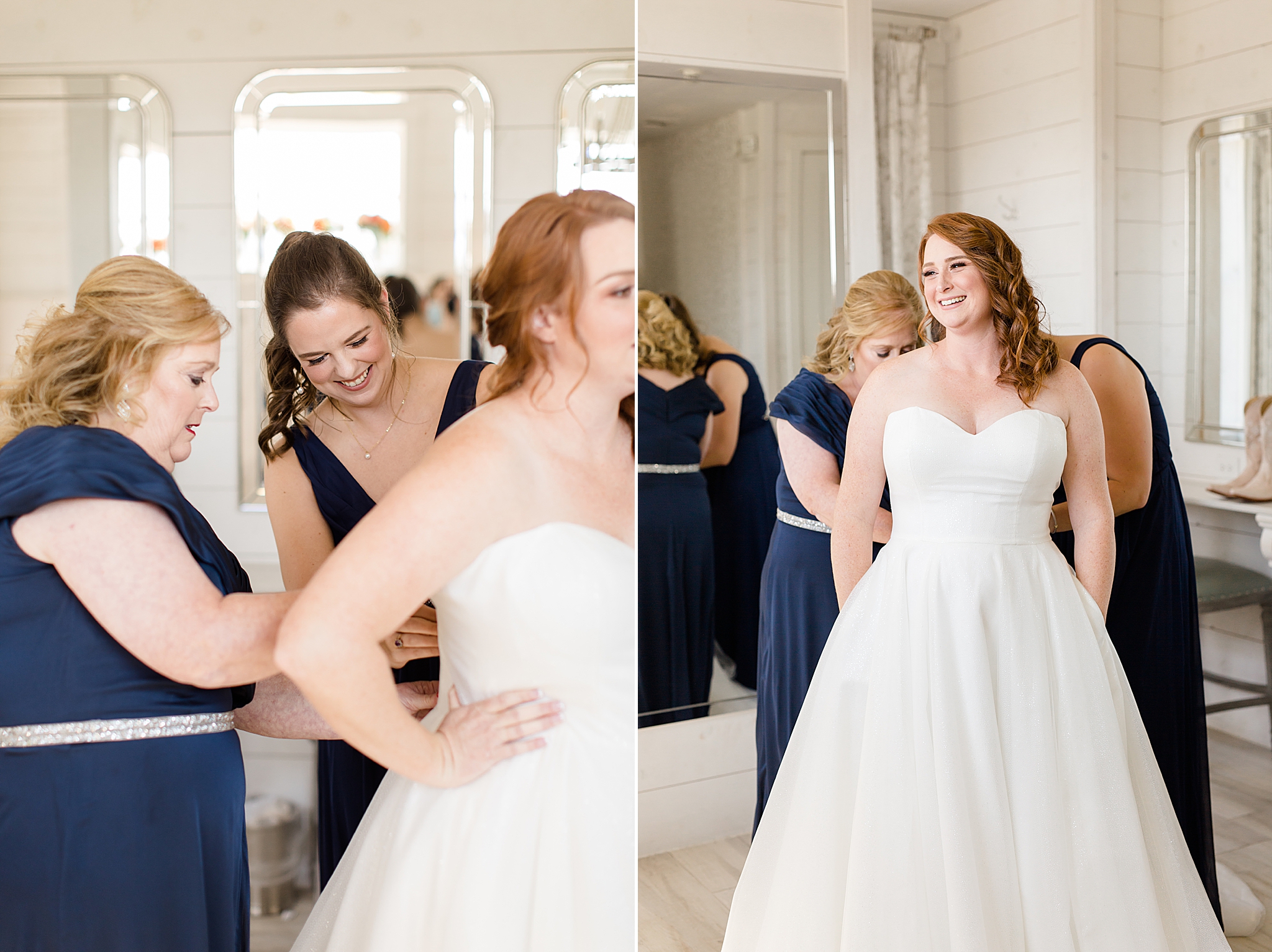 mom and sister help bride with wedding dress