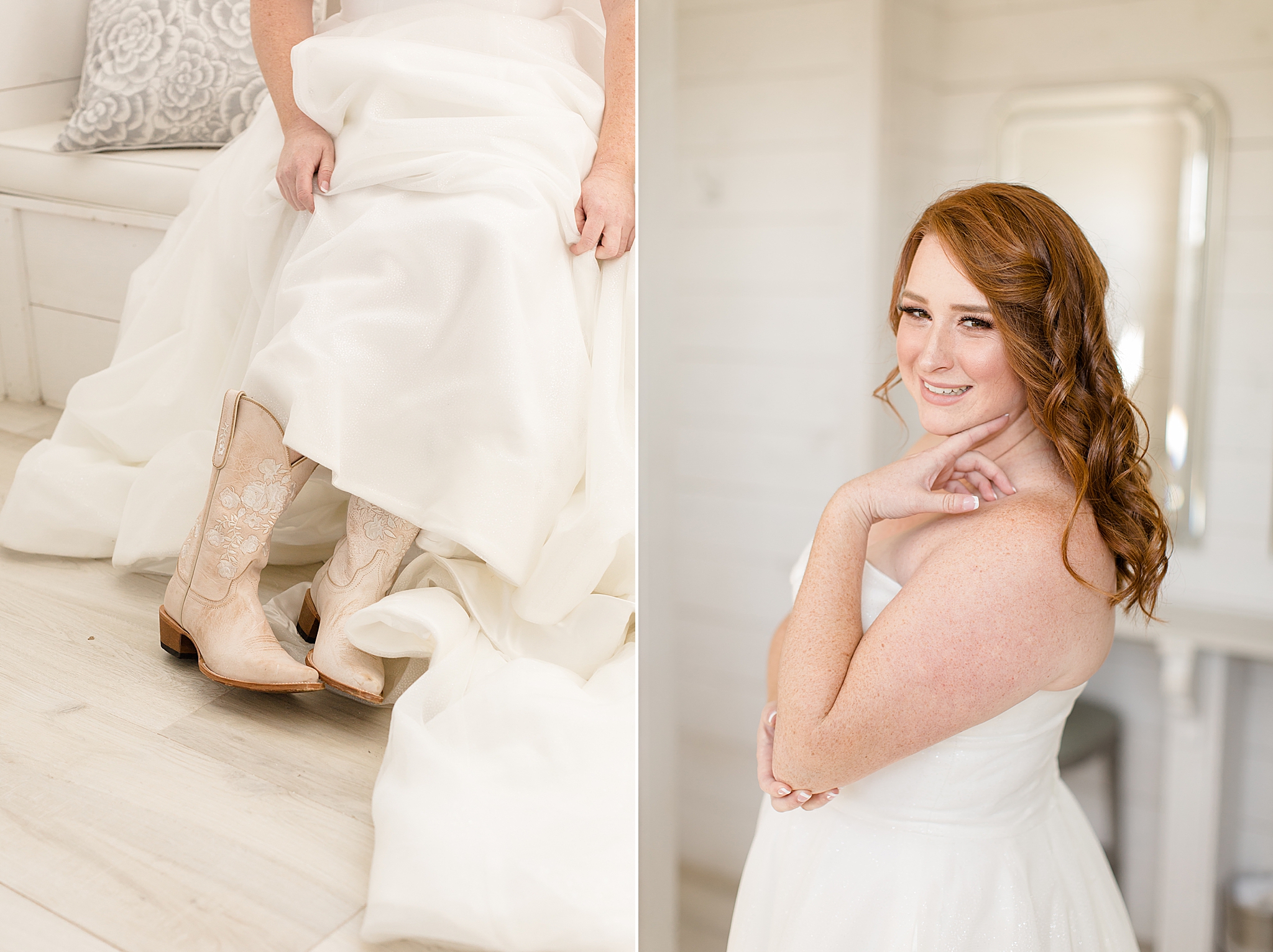 bride shows off details of wedding day look for TX wedding