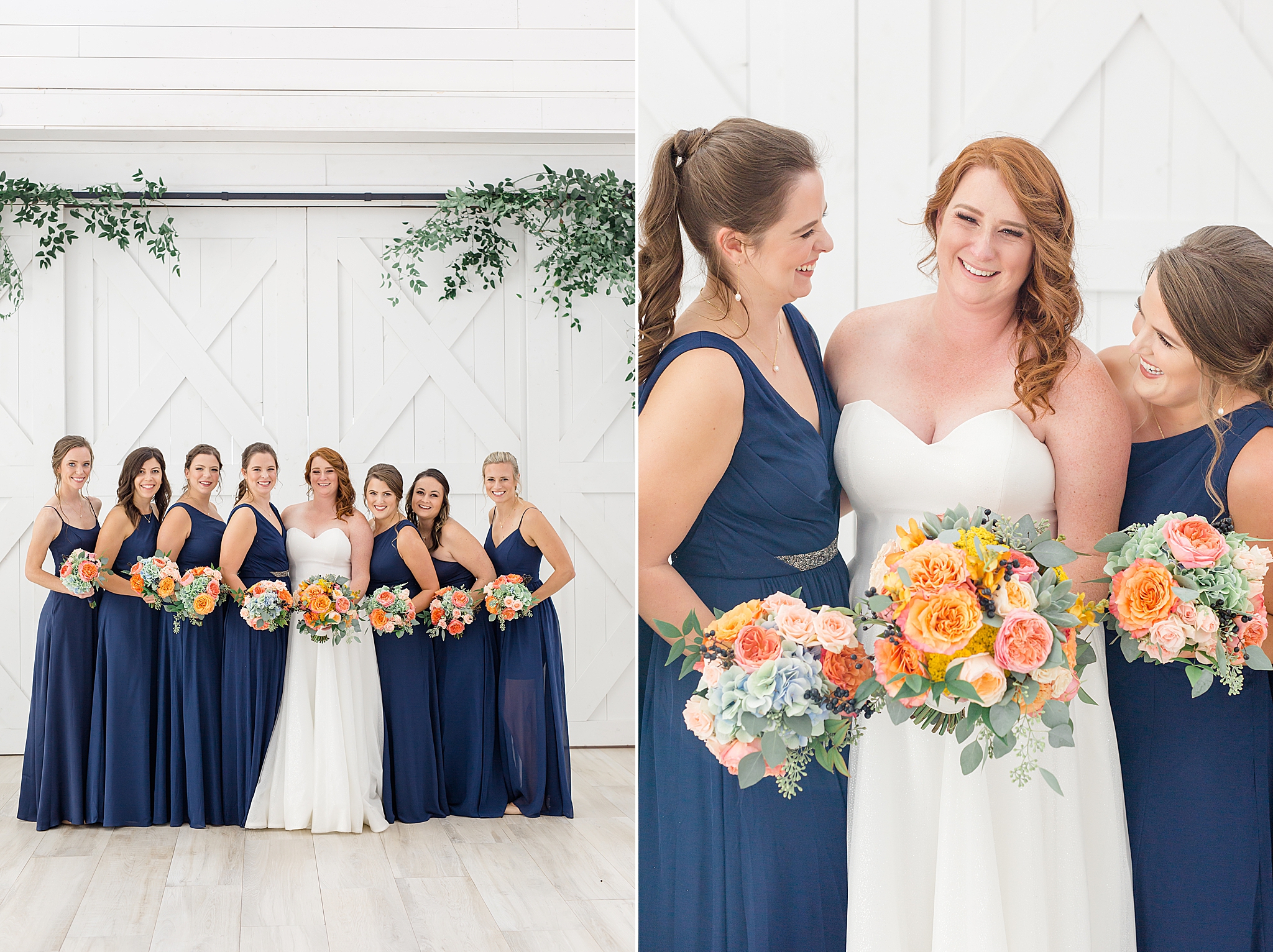 bride and bridesmaids pose by barn doors at The Nest at Ruth Farms