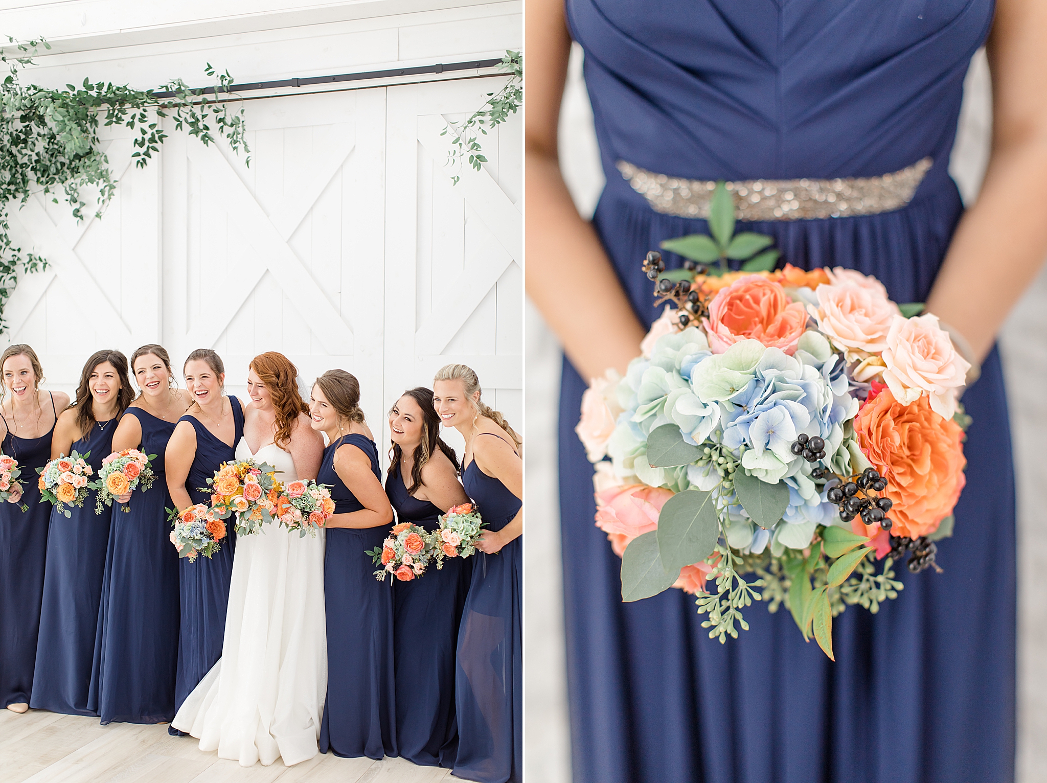 bridesmaids with navy gowns hold pastel bouquets for fall wedding