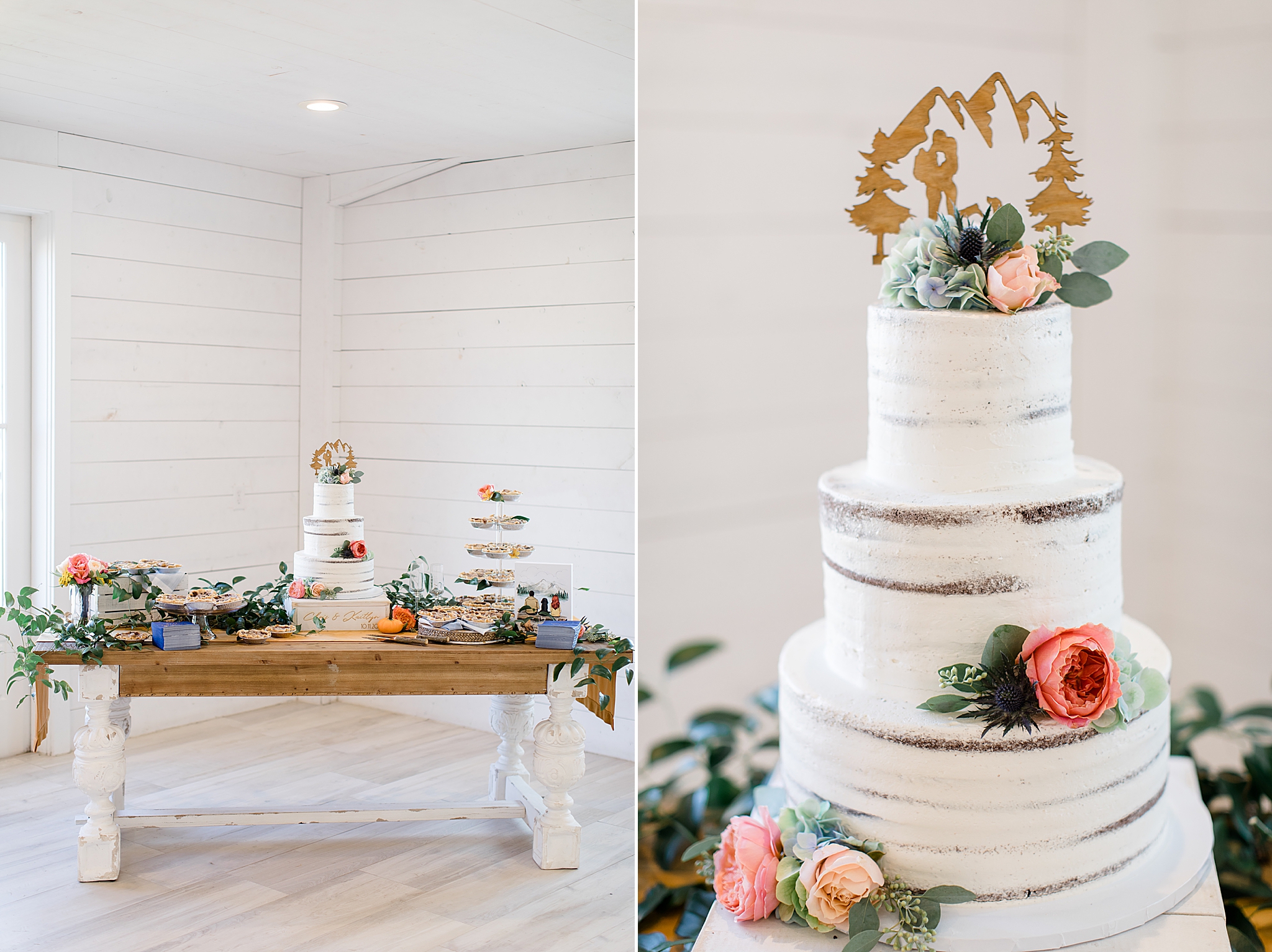 naked wedding cake with wooden topper
