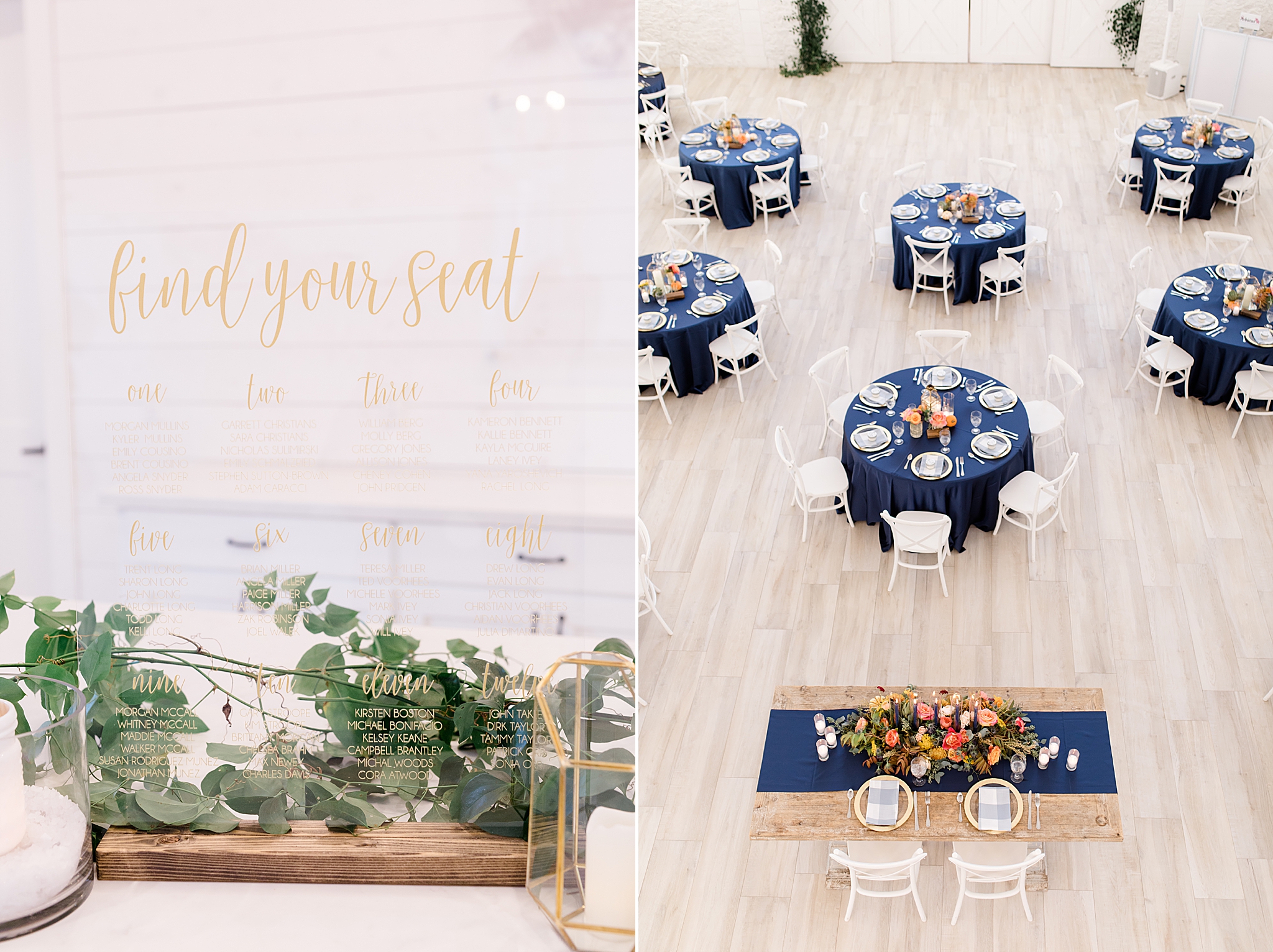fall wedding reception details with blue and gold color scheme