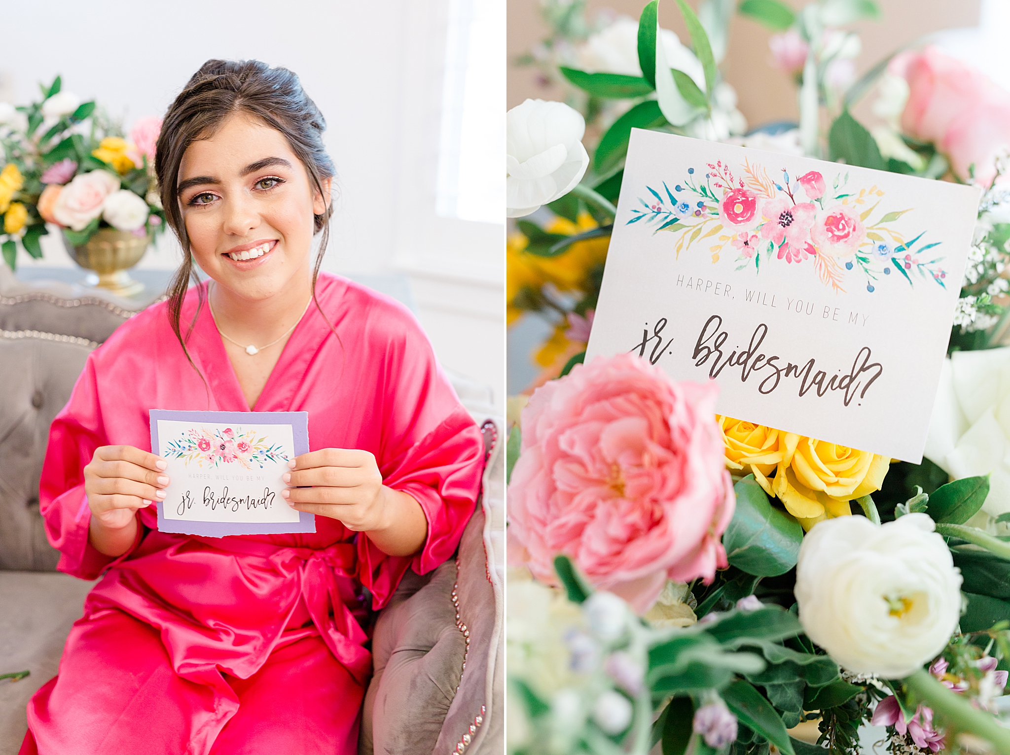 Jr. bridesmaid in pink robe holds card asking to be in wedding