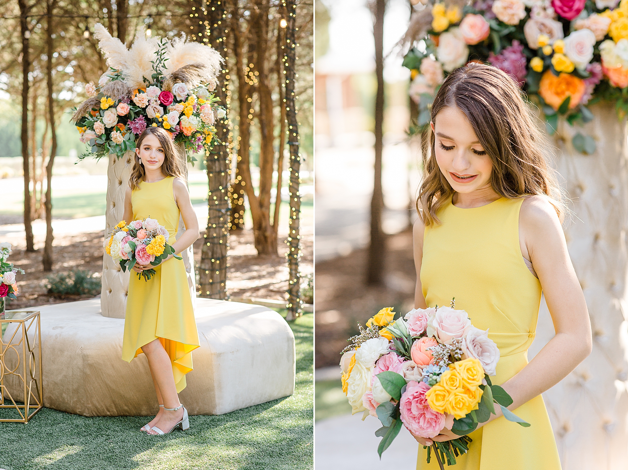 bridesmaid in yellow gown poses in Texas