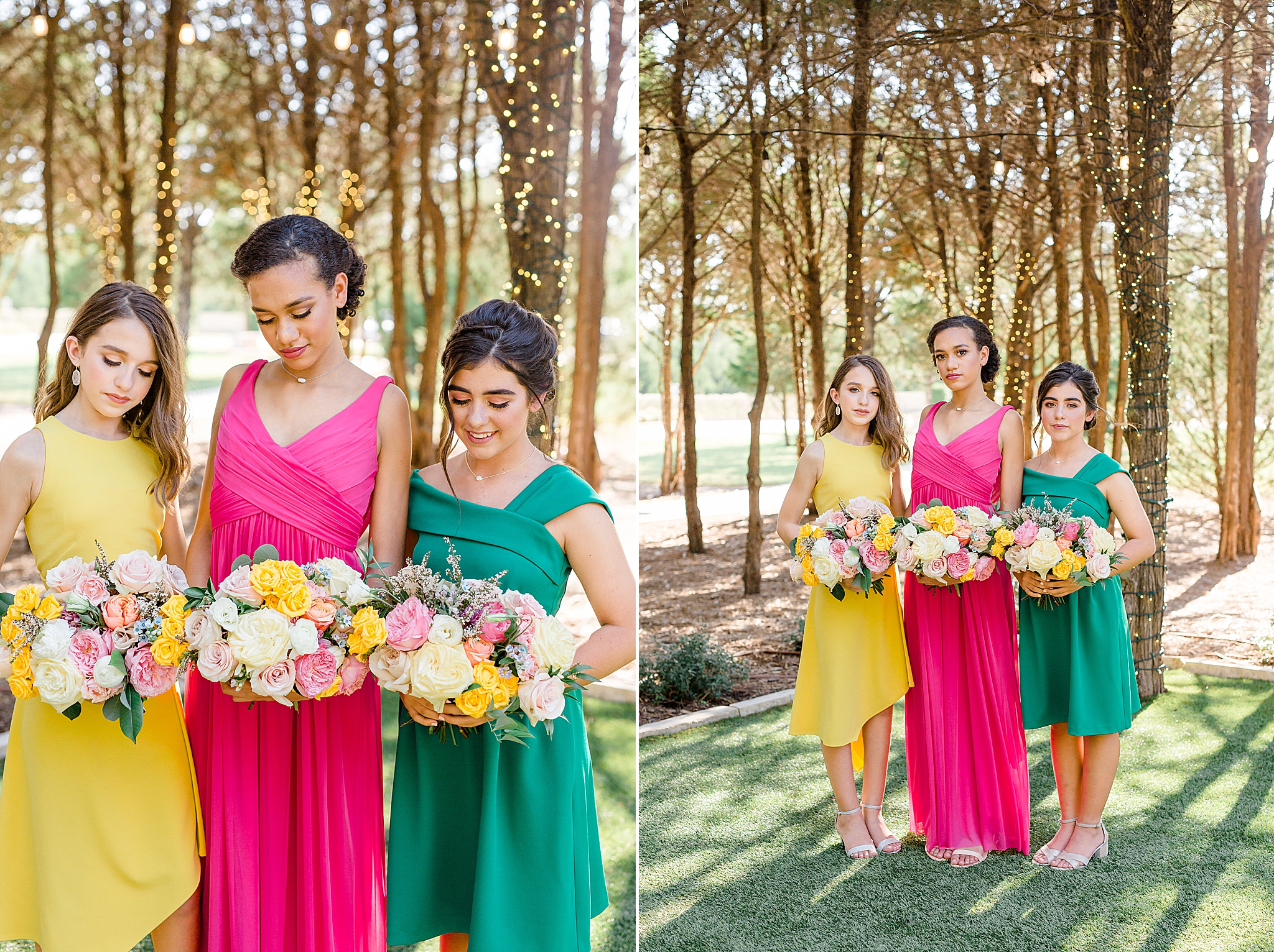 three bridesmaids hold bouquets during styled shoot