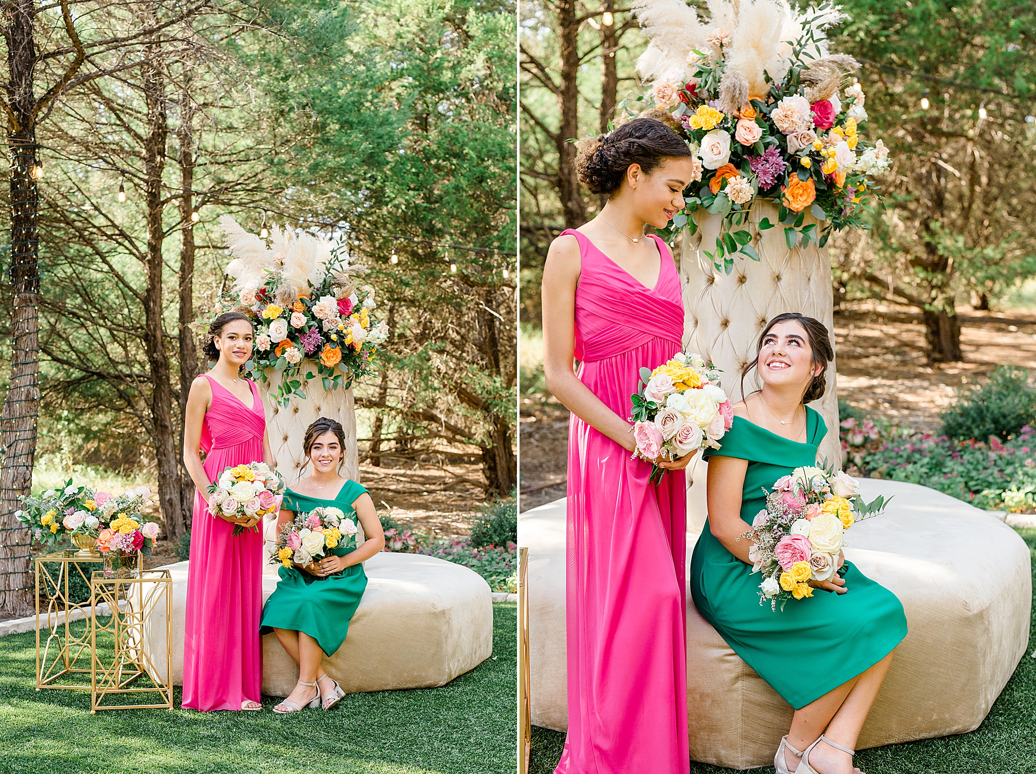 two jr. bridesmaids sit together on floral display at Hidden Creek Events