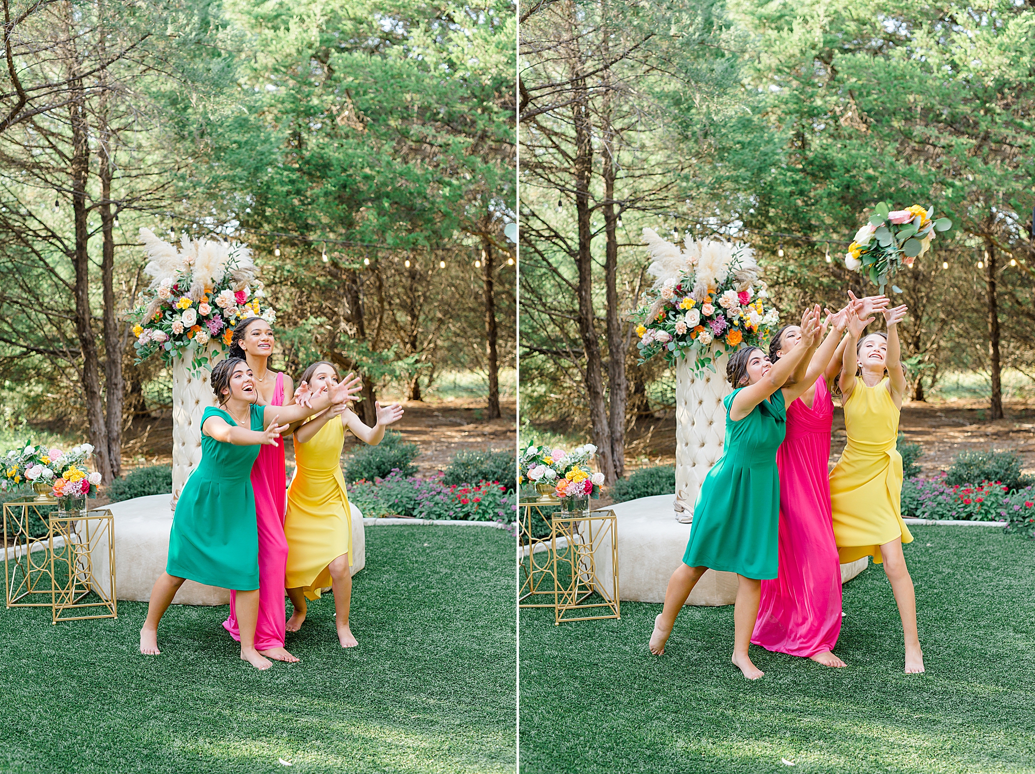 junior bridesmaids catch bouquet during styled shoot in Texas