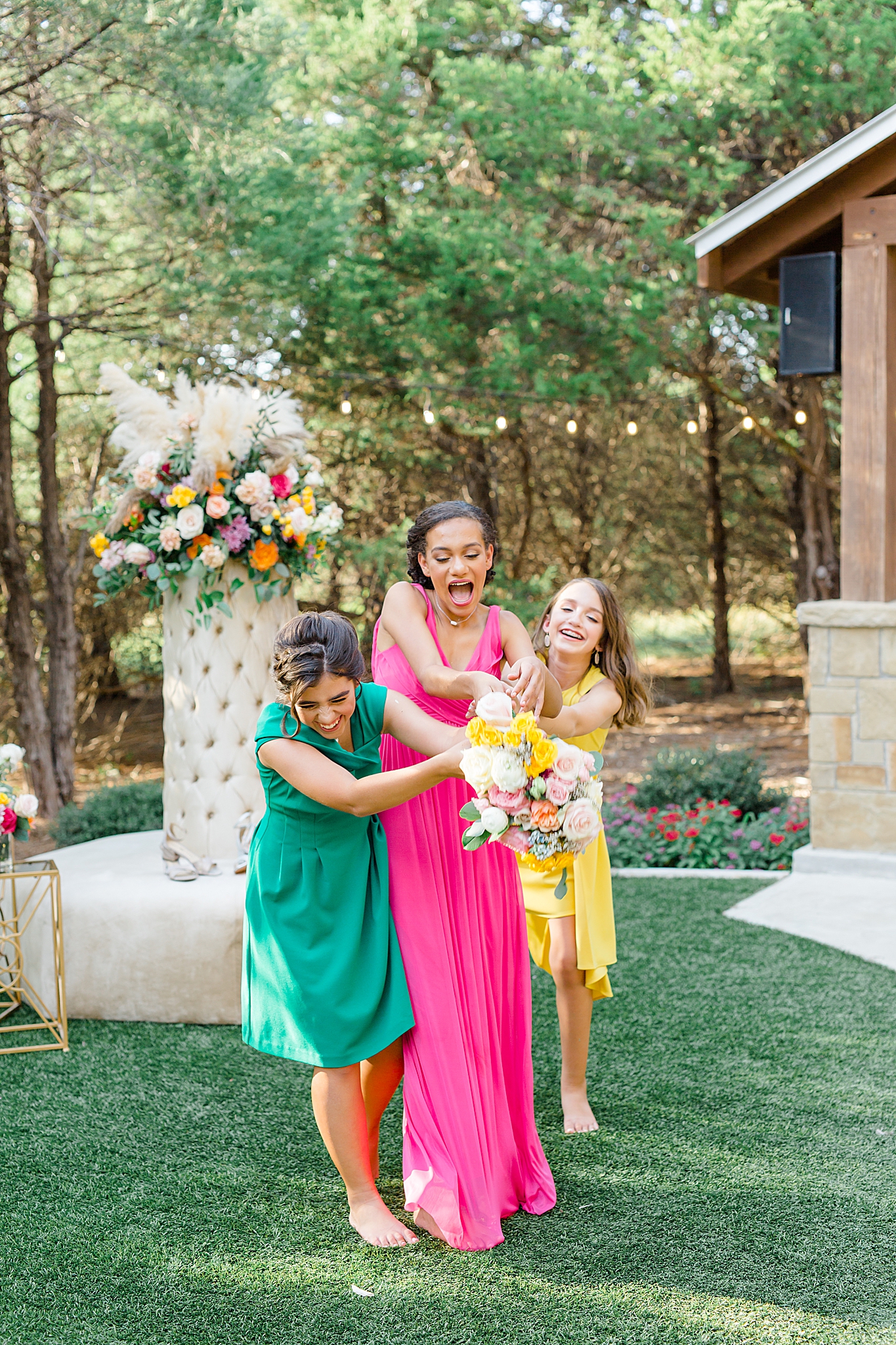 junior bridesmaids catch bouquet during Junior Bridesmaids Styled Shoot