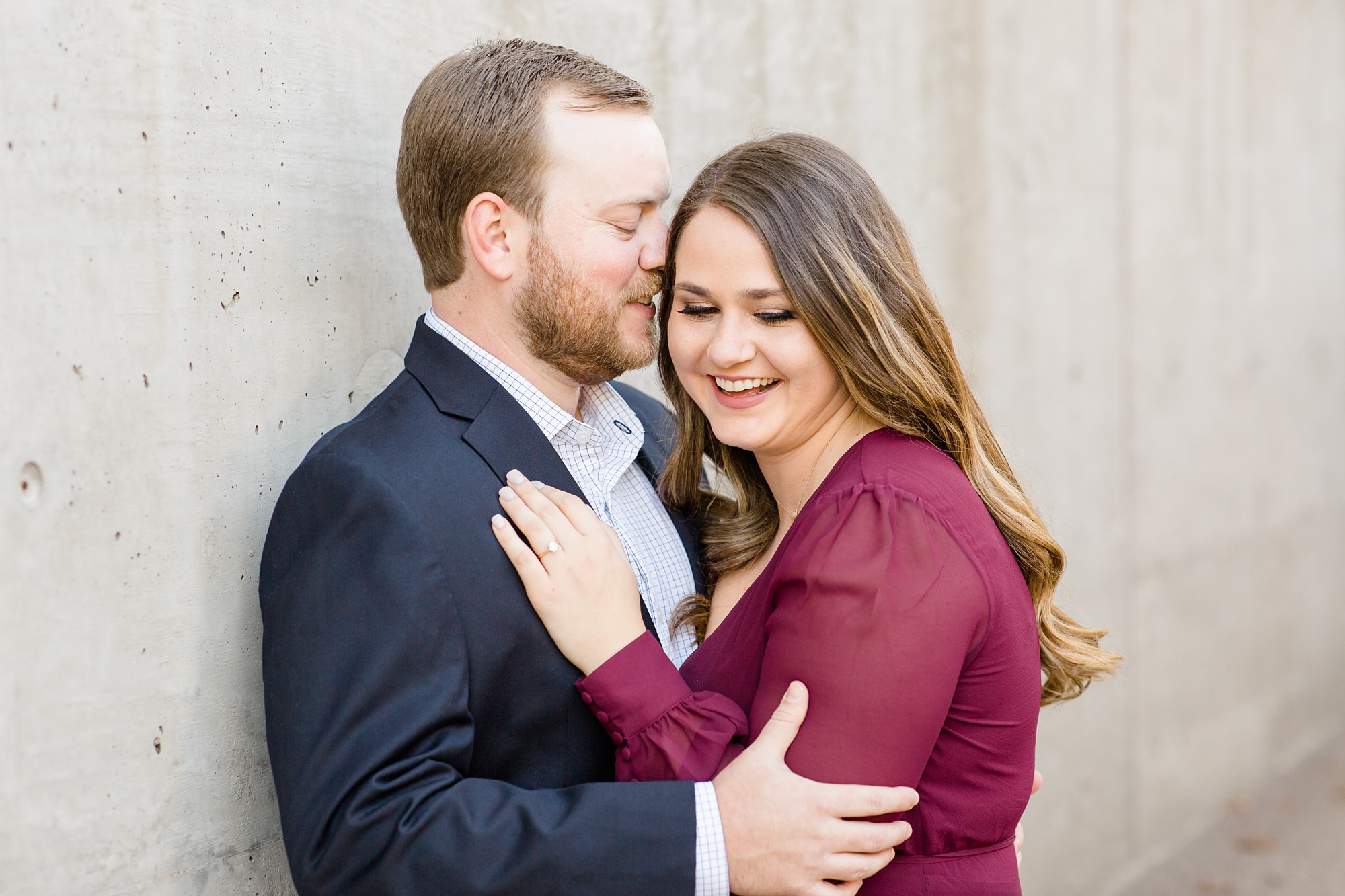 bride laughs during Kimball Art Museum engagement portraits